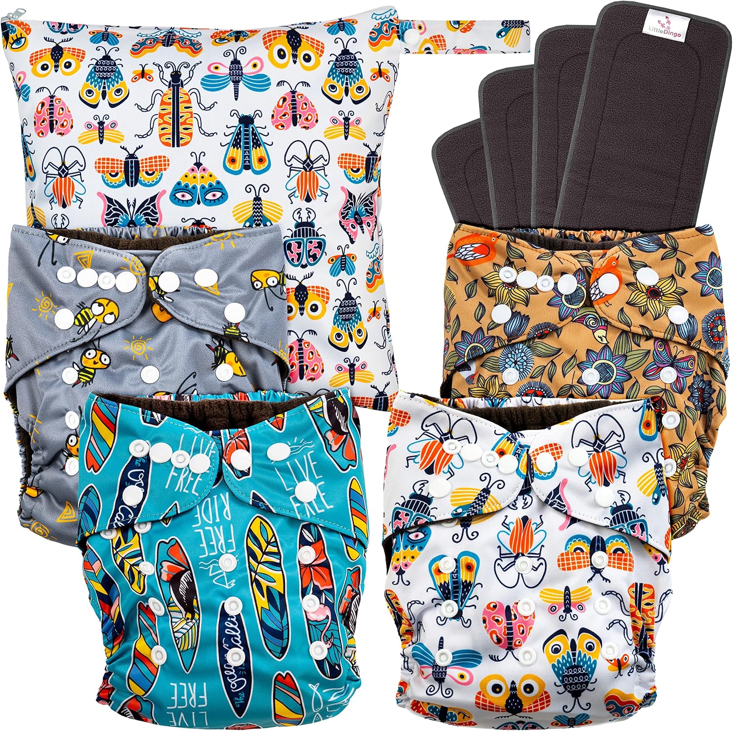 LittleDingo Reusable Cloth Diapers for Babies and Toddlers - 4 Reusable Charcoal Bamboo Diapers + 4 Charcoal Bamboo Inserts and 1 Reusable Diapers Wet Bag