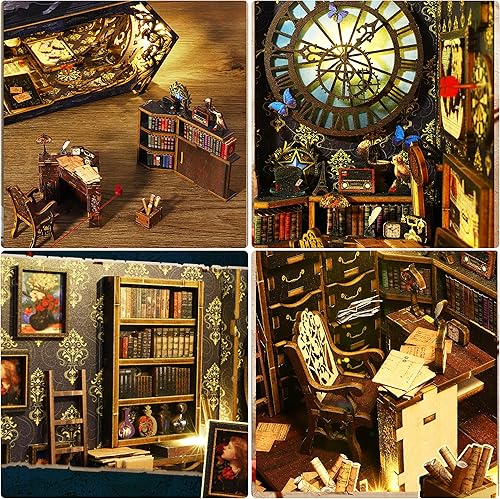 Miniatura 4 de ISSEVE Kit de rincón de libros para bricolaje, rompecabezas de madera 3D, kit de casa en miniatura para decoración de estante de libro, soporte de