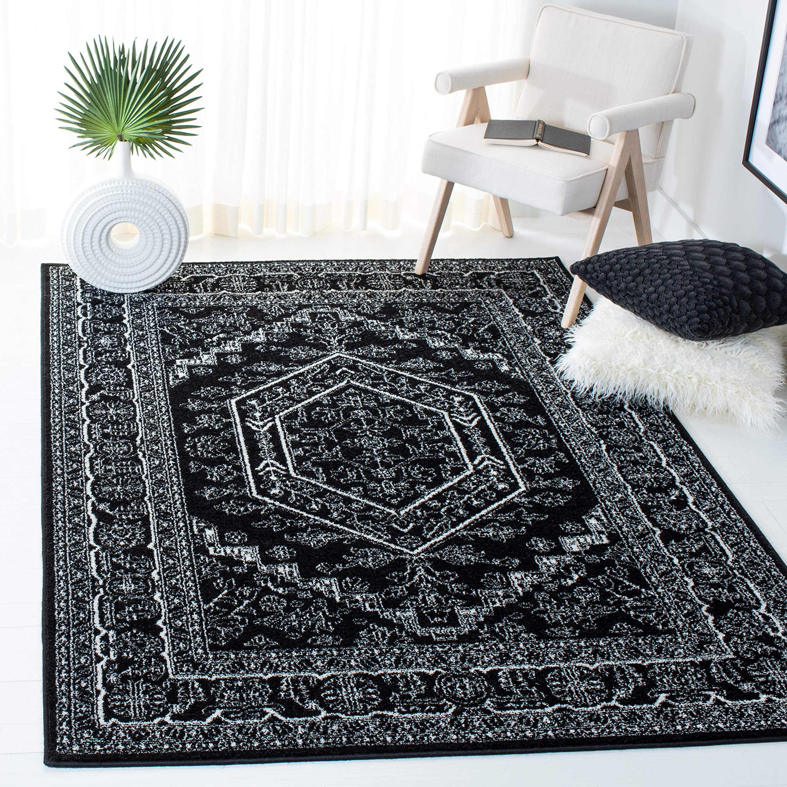 SAFAVIEH Adirondack Collection Area Rug - 8' Square, Black & Ivory, Oriental Medallion Design, Non-Shedding & Easy to Clean, Ideal for Living Room,