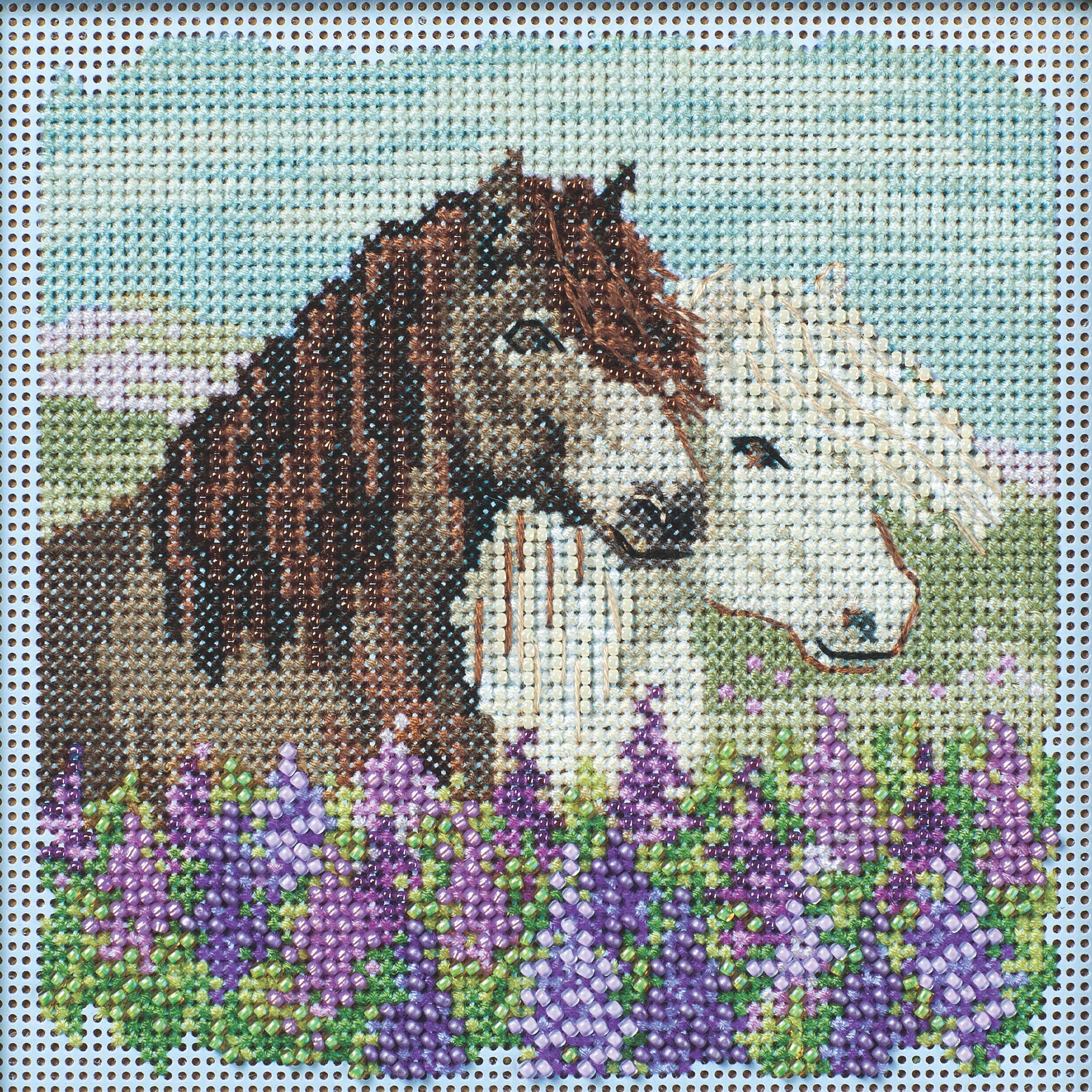Laurel Burch Embracing Horses Cross Stitch Kit - Beaded Design On Lilac Aida Fabric
