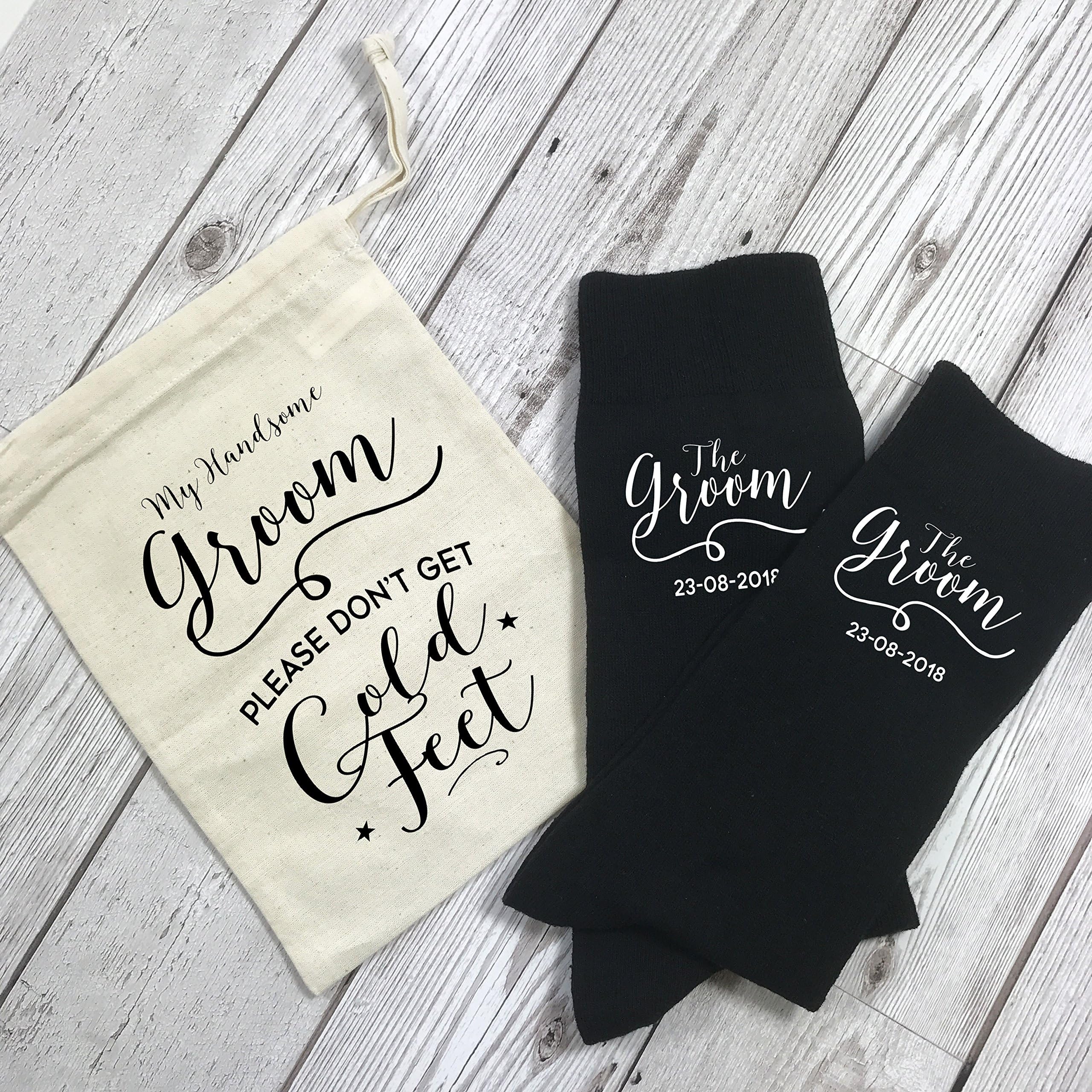 Personalised Groom Wedding Day Socks with Personalised Gift Bag Don't Get Cold Feet