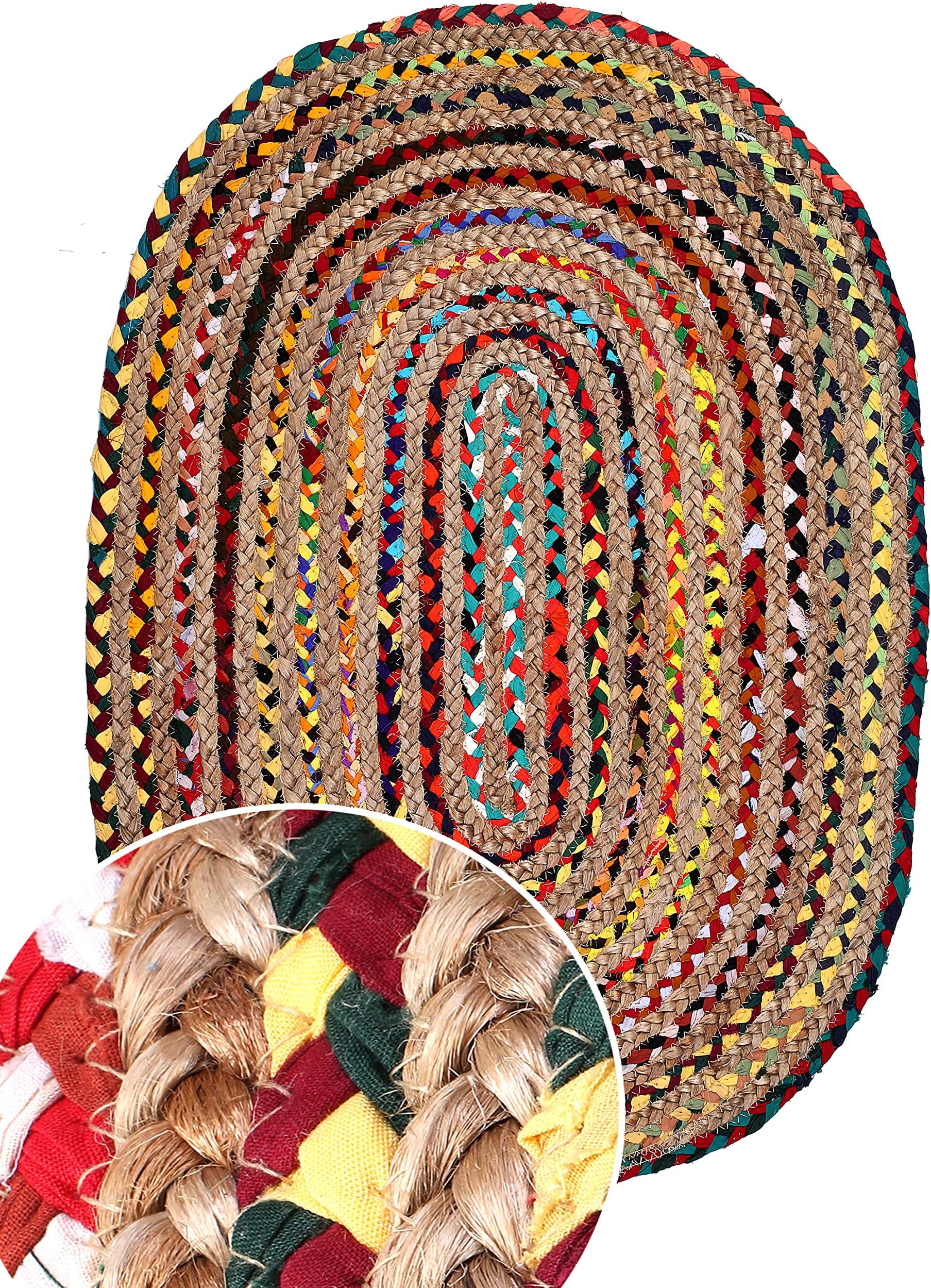 Hand Woven Reversible Jute Burlap Cotton Multi Chindi Braid Rug, 2x3 Feet Rectangular Rag Rug - Multi Chindi Braid Rug, Hand Woven & Reversible