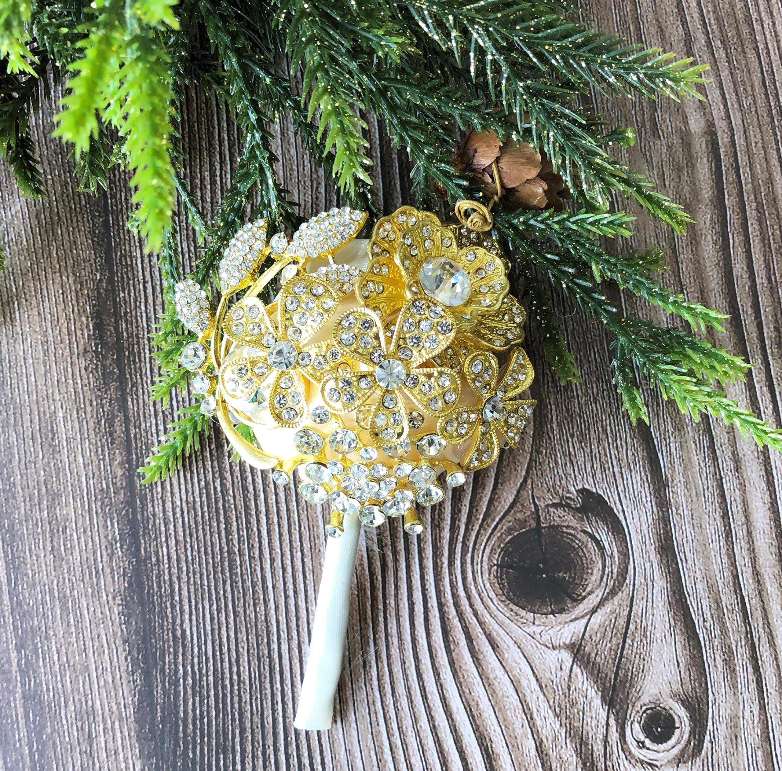 Abbie Home Handmade Full Rhinestone Covered Wrist Corsage Crystal Wedding Roses Hand Flower (Gold Boutonniere)