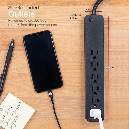 Miniatura 4 de GE Pro 37052 Protector SurGE de 6 tomas, cable de extensión de 8 pies, 1560 julios, enchufe plano, disyuntor integrado, montaje en pared,