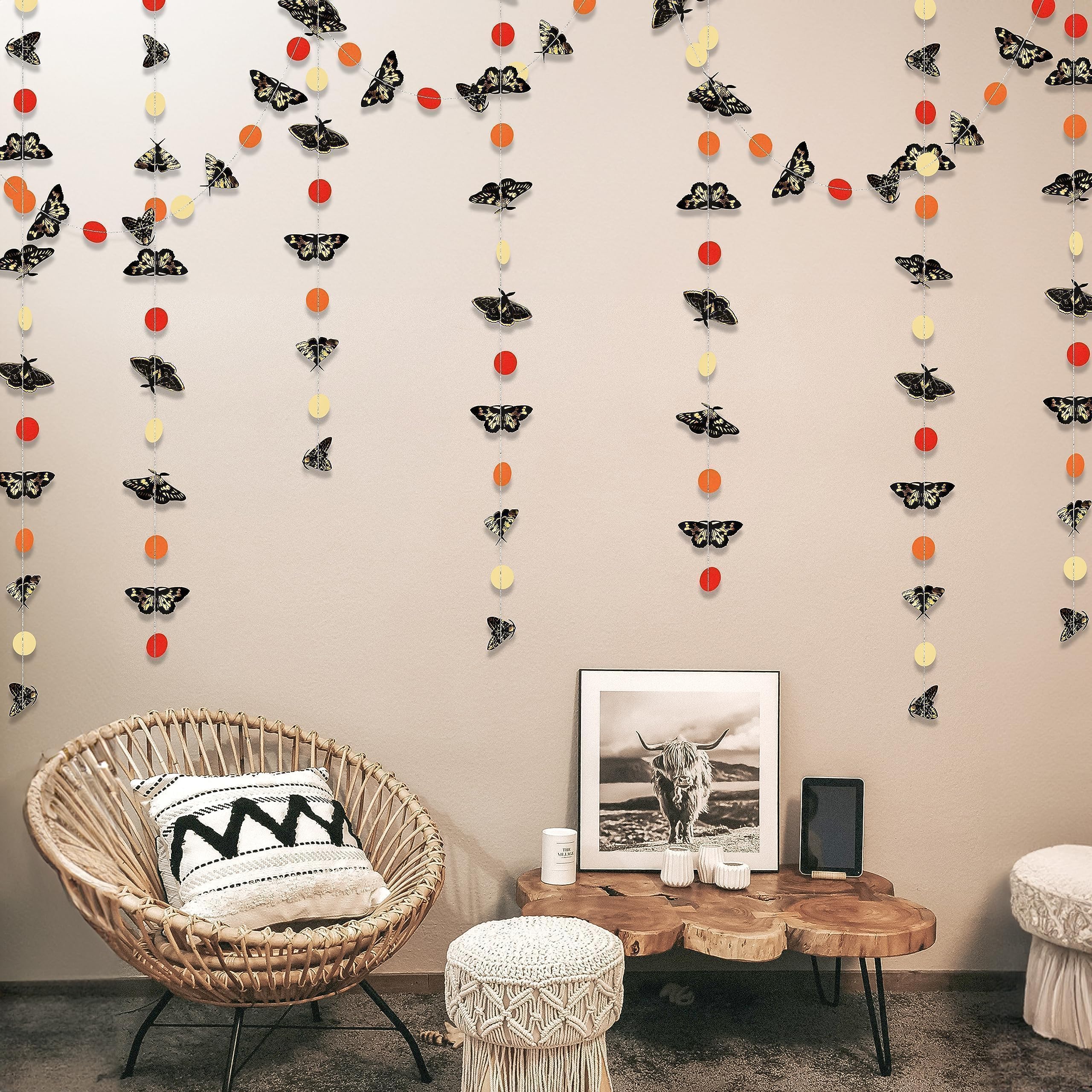 Cheerland Moth Garland Boho Hanging Mothman Birthday Decorations Circle Dot Banner Black White Butterfly Orange Bohemian Insect Party Decor Halloween