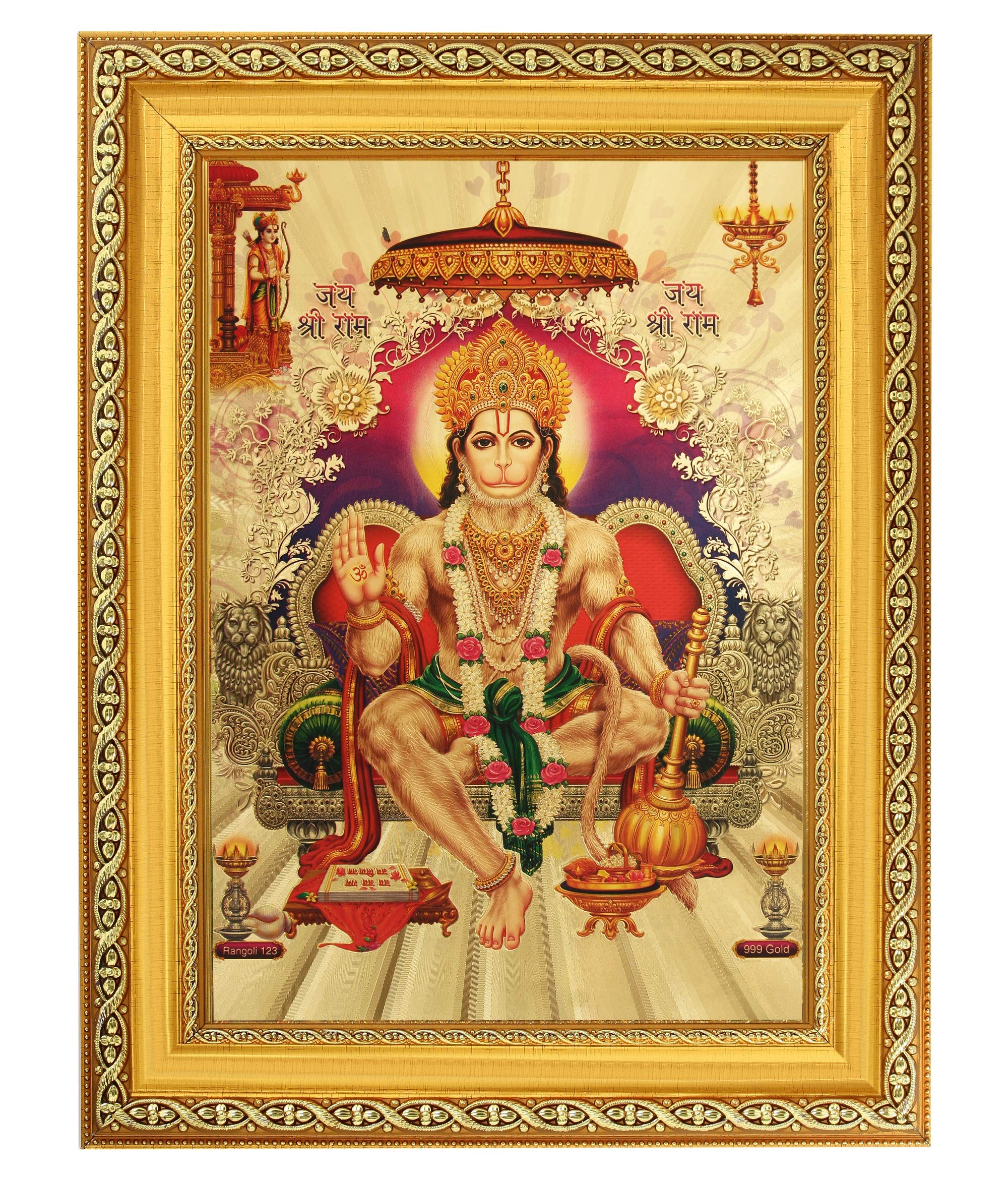 Photo dorée de Hanumanji Aashirwad dans son cadre doré pour votre coin zen