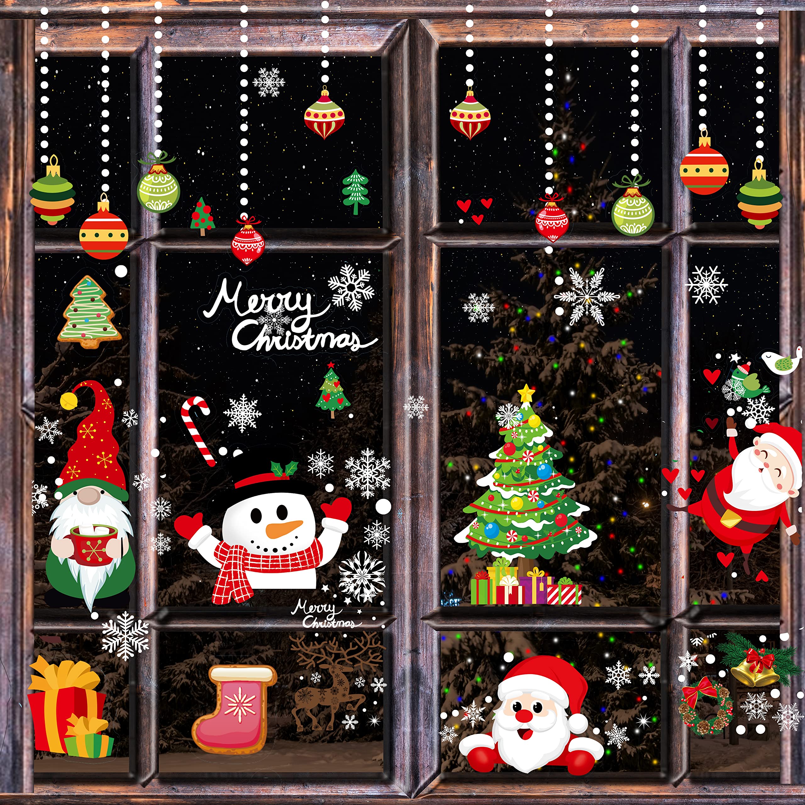 Christmas Window Stickers, Double-Sided 9 Sheets (213 Pcs) Reusable Stickers with Santa Claus Snowman Reindeer Snowflake for Christmas Party