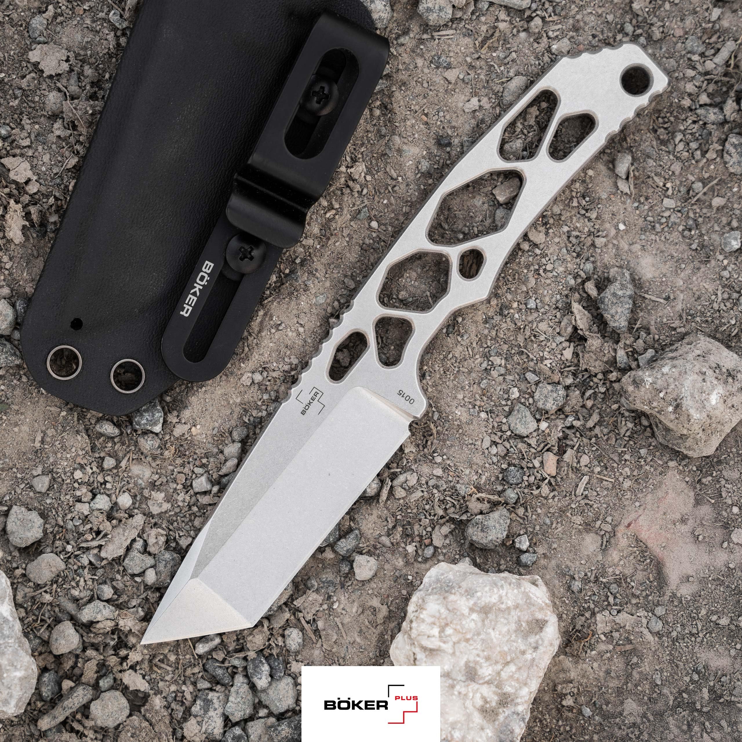 BÖKER PLUS Superlight Tanto – Skelett Messer feststehend 42a konform - Neck Knife mit Kydex-Scheide & Gürtel-Clip – Tactical Knife mit 7,3 cm D2 Tanto-Klinge – Fixed Ganzstahl Outdoor Messer