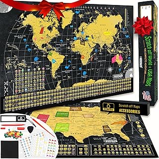 OVANTO Scratch Off World Map + USA Map – 17x24” Wall Travel Posters with 196 Flags, Gold Foil, Pins & Accessories – Premium Gift Box for Travelers, Couples, Home or Office Decor