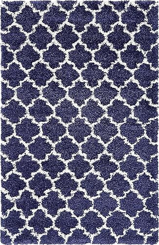 Miniatura 7 de Unique Loom Rabat Shag Collection - Alfombra rectangular de 5 pies 1 pulgada x 8 pies, color azul marino y marfil