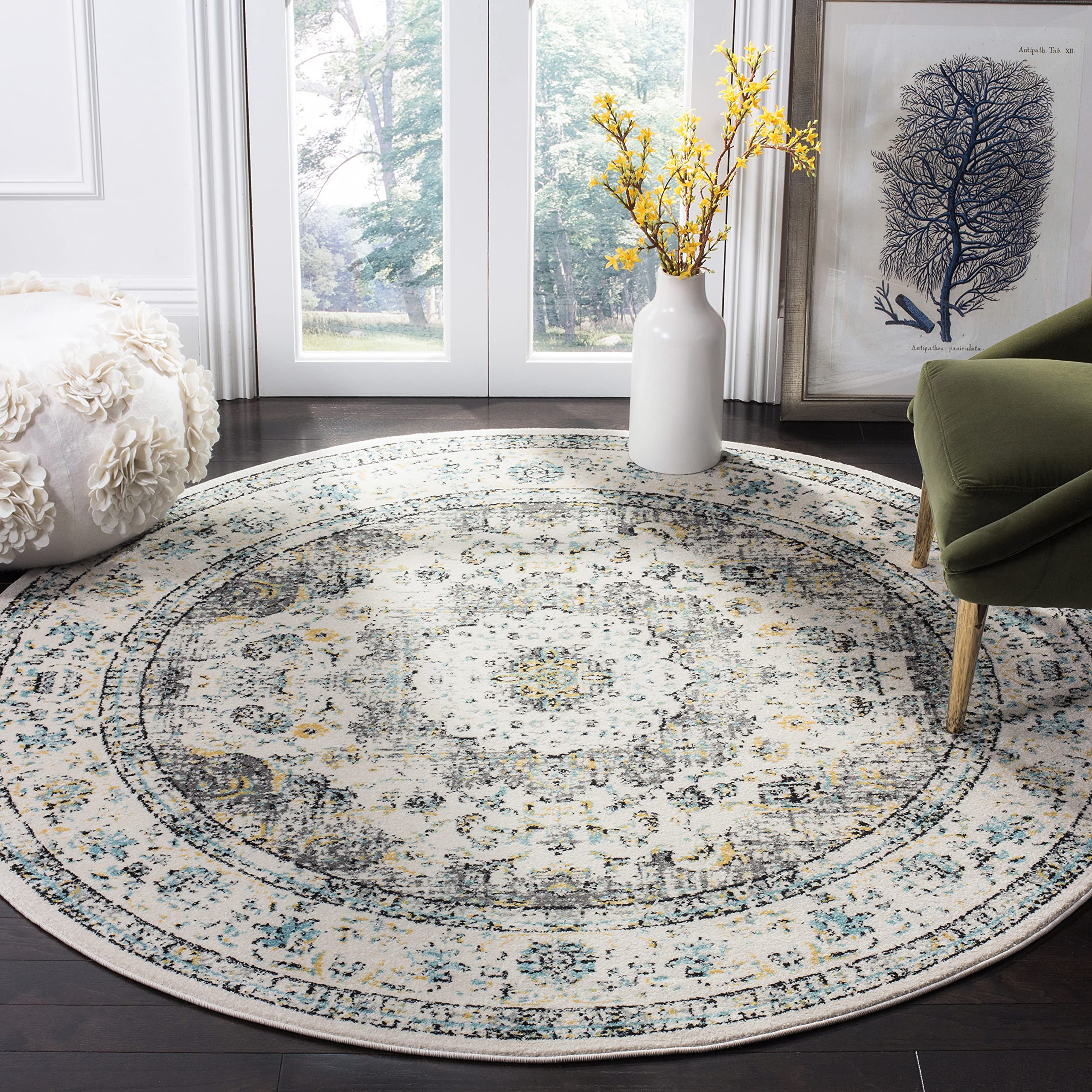 SAFAVIEH Evoke Collection Area Rug - 6'7" Round, Grey & Gold, Shabby Chic Oriental Medallion Design, Non-Shedding & Easy to Clean, Ideal for Living