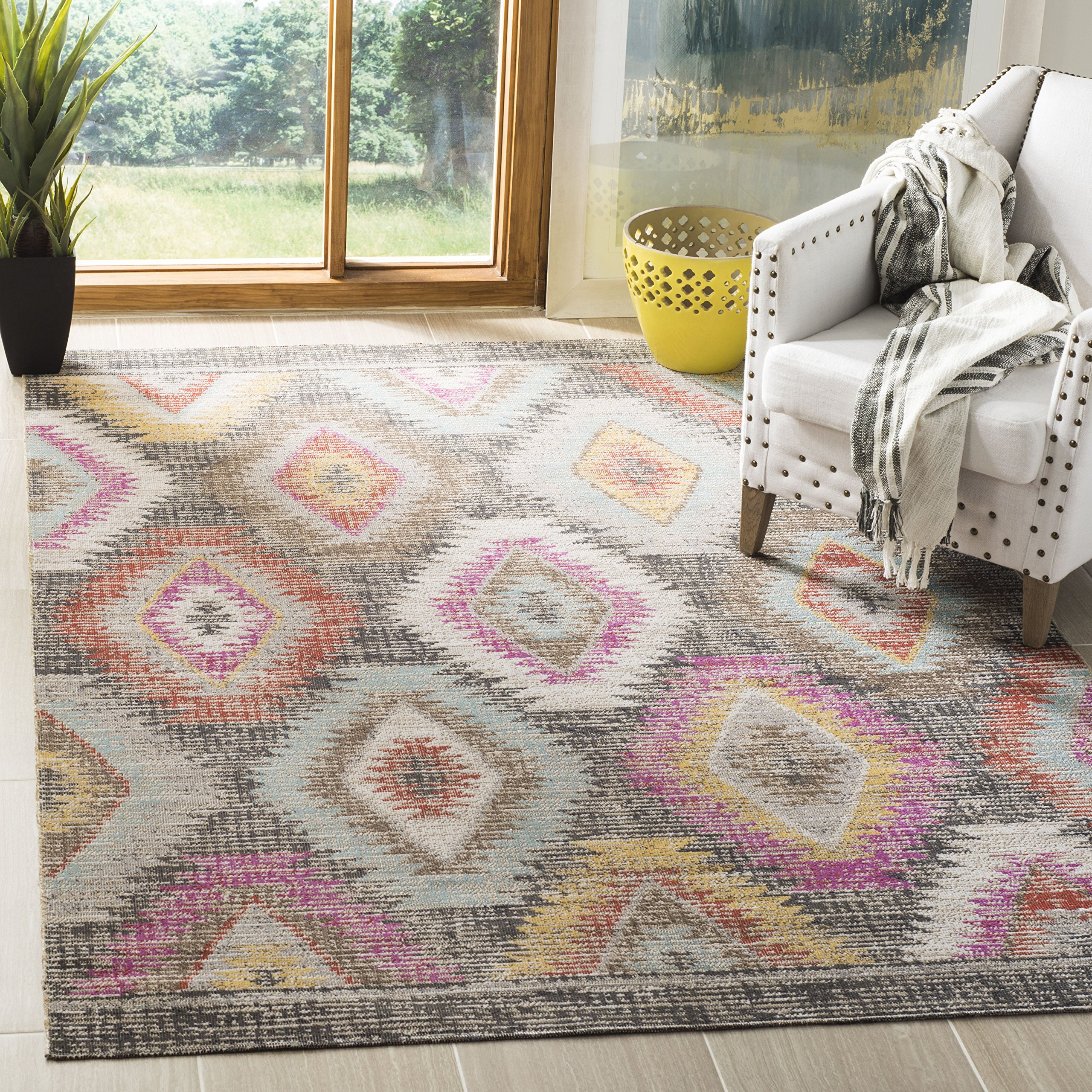SAFAVIEH Tapis Boho Pour Salon, Salle à manger, Chambre à coucher - Montage Collection, Tapis à poil court, Gris et Multi, 122 X 183 cm