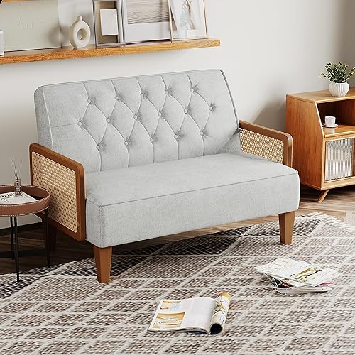 annjoe Sofá de dos plazas tapizado con botones y reposabrazos de ratán natural, respaldo con hebilla, sofá banquete para comedor, sala de estar,