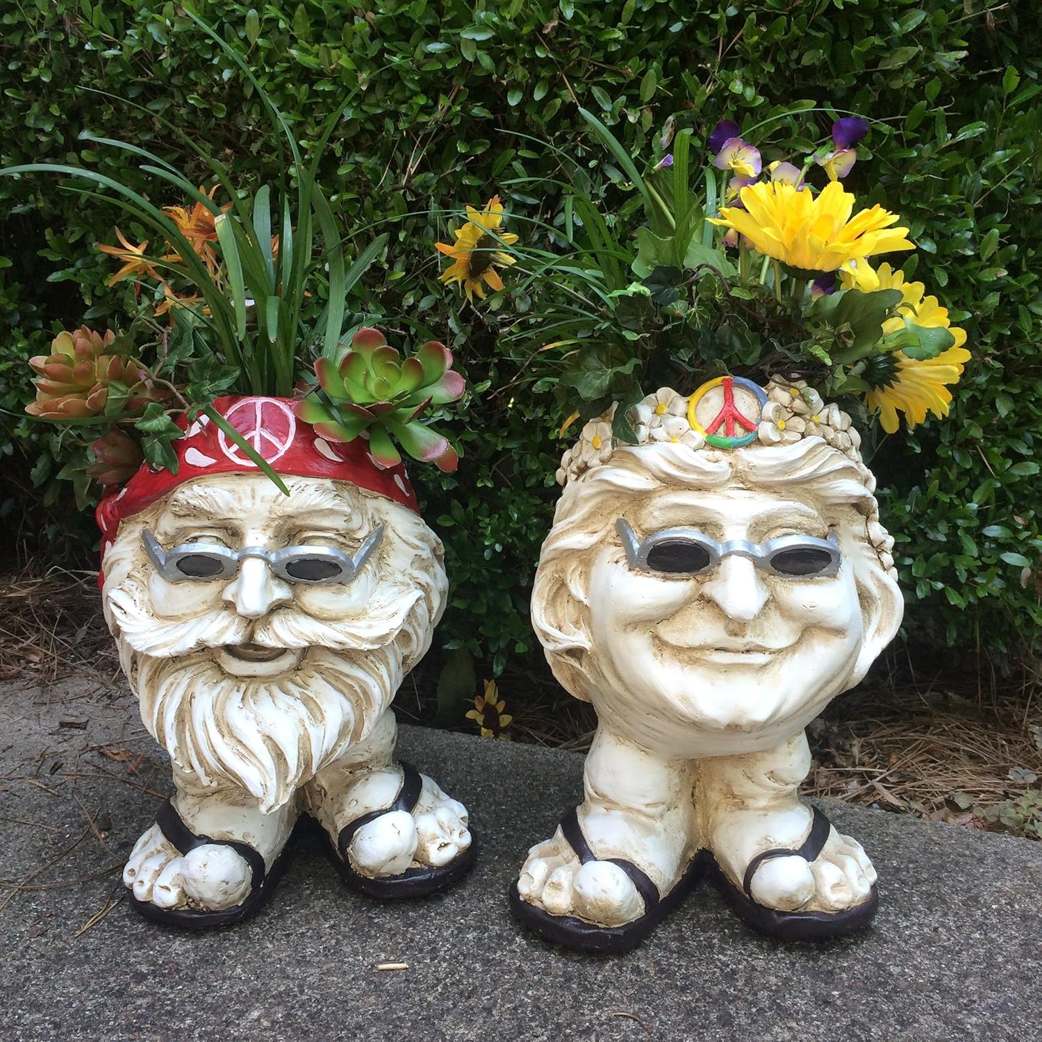 Homestyles 37594 Hippie Jerry and Flower Child Janice Antique White Accent 13" Face Planters Garden Statue (Holds 4" Pot)