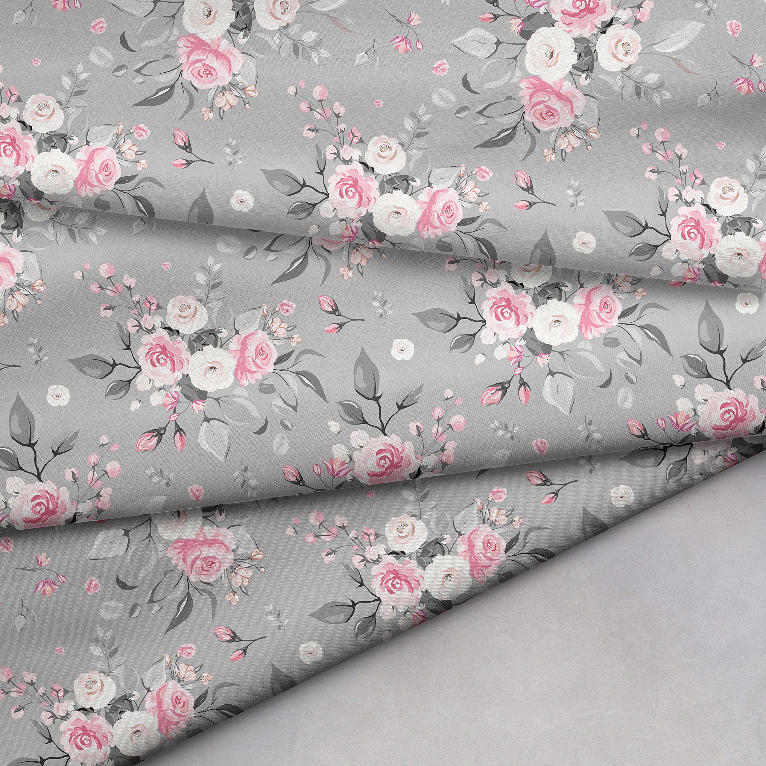 Moonlight Studio Elegant Grey Background Pink White Roses Digital Printed Unstitched Fabric (Satin) 5 Meters x 54 inches
