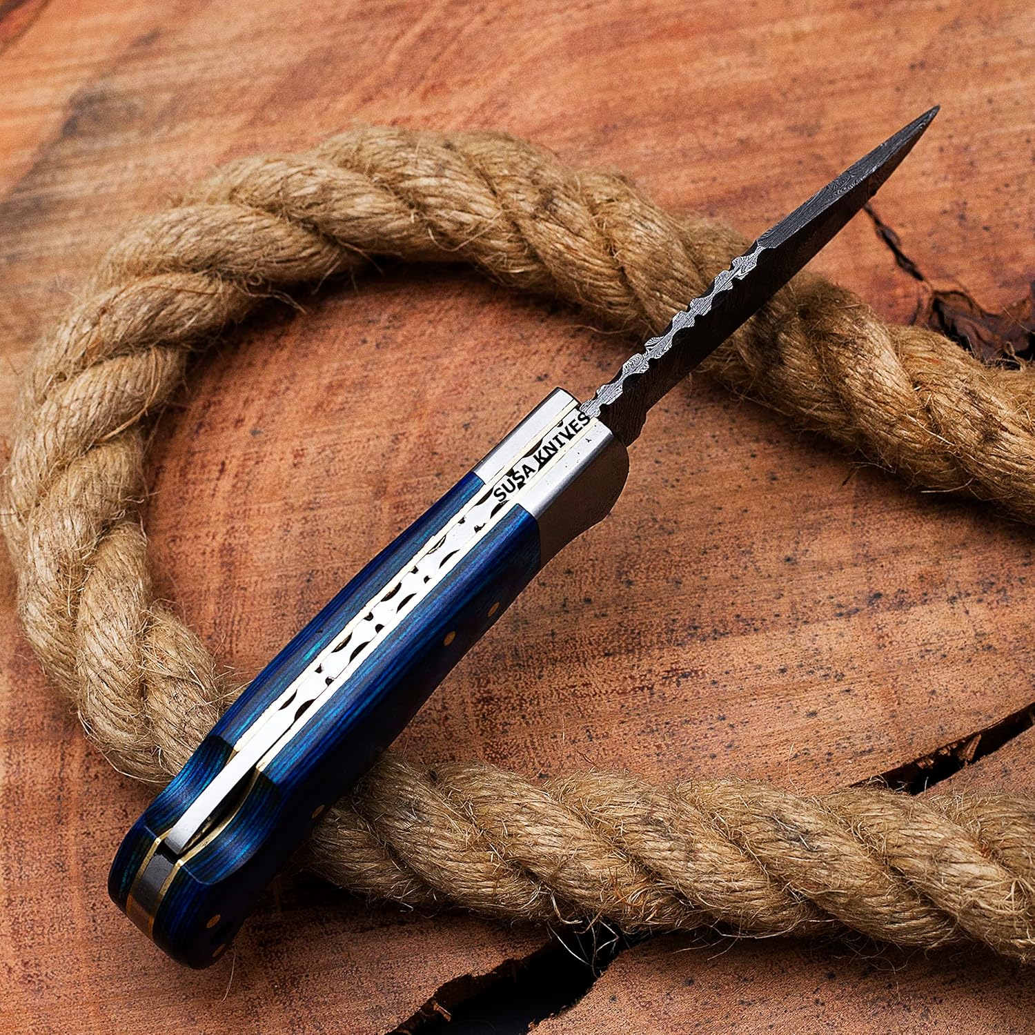 Damascus Steel Pocket Knife Handmade cowboy Knives for Outdoor, Camping, Hiking Back Lock Blade EDC knife pancake leather sheath (BLUE)