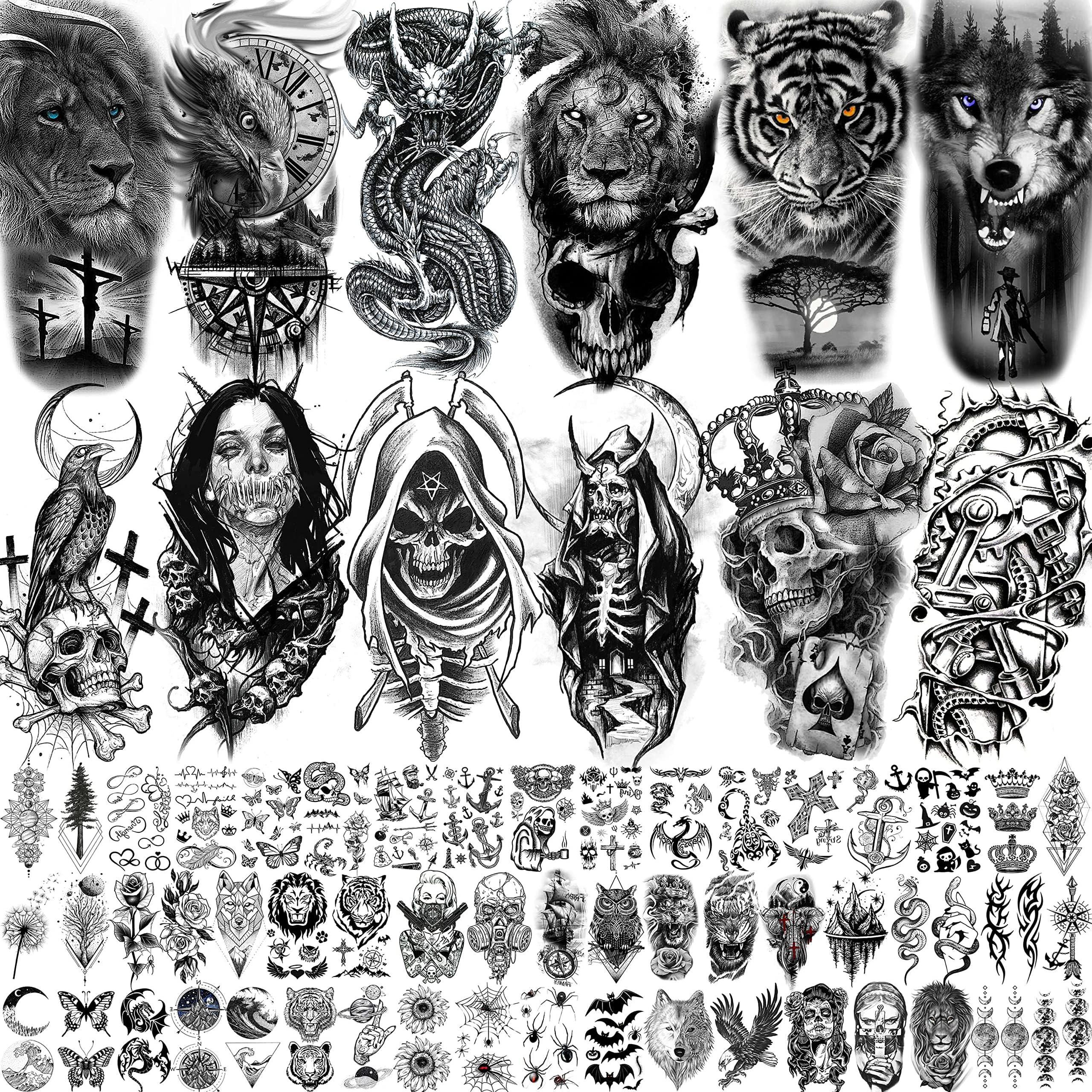 66 Sheets Black Eagle Dragon Temporary Tattoos For Men Women Thigh, Scary Halloween Tiger Lion Devil Skull Fake Tattoos For Adults, 3D Wolf Large Half Arm Sleeve Realistic Tatoo Forearm Teens