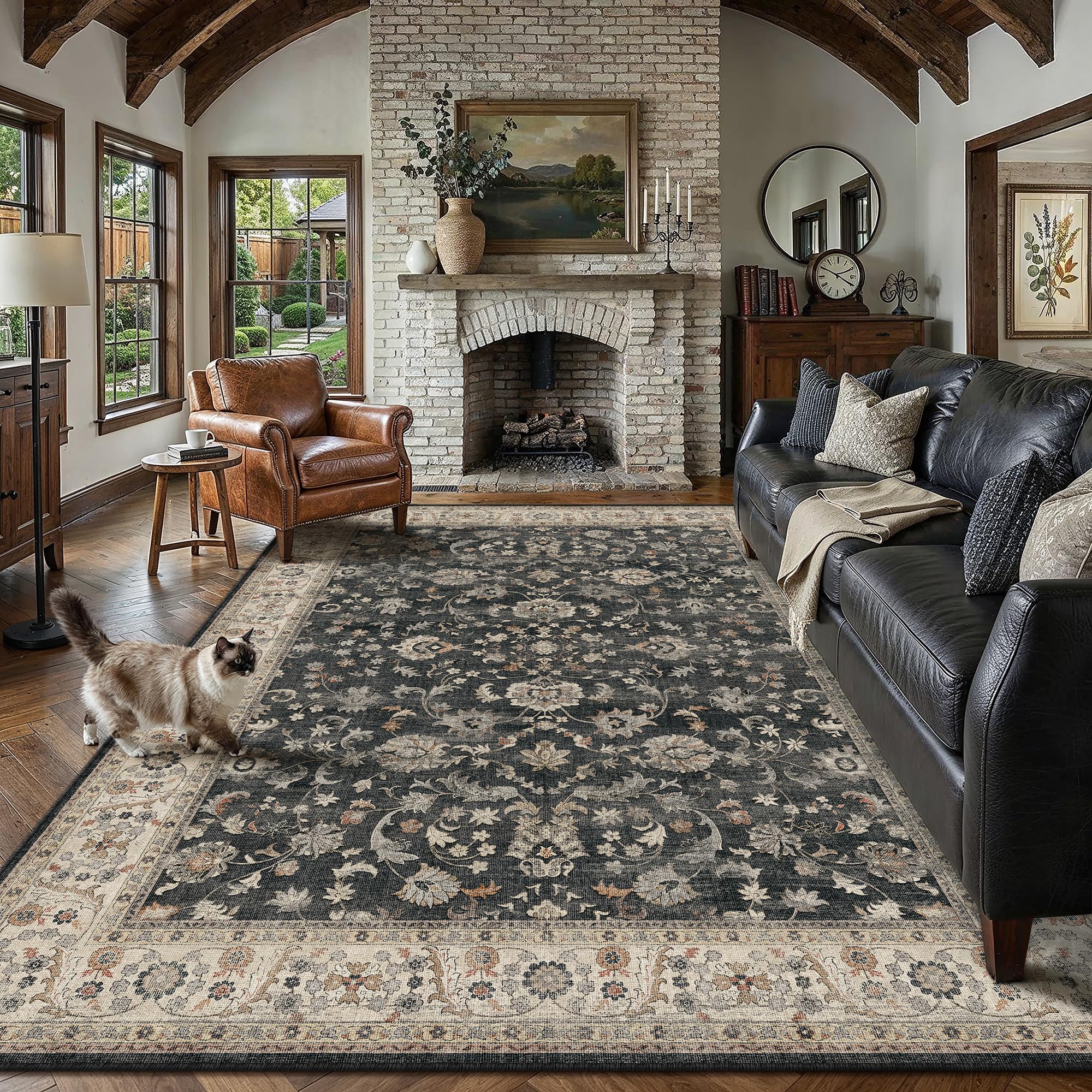 PureCozy Black Beige Area Rug 9x12 Vintage Floral Distressed