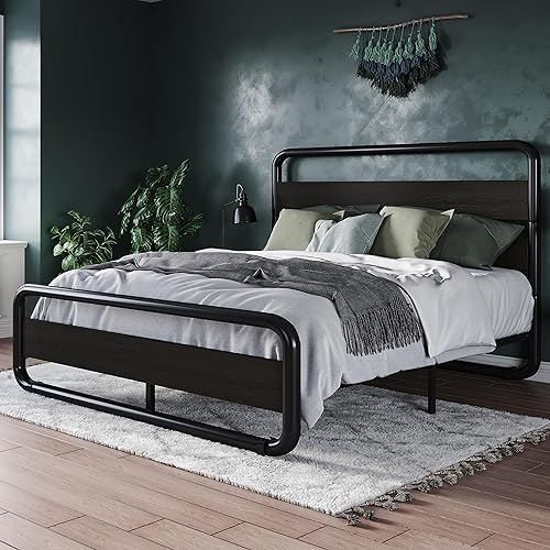 Miniatura 3 de Allewie Base de cama de metal tamaño Queen con cabecero y estribo curvados de madera de hierro, cama de plataforma con almacenamiento debajo de la