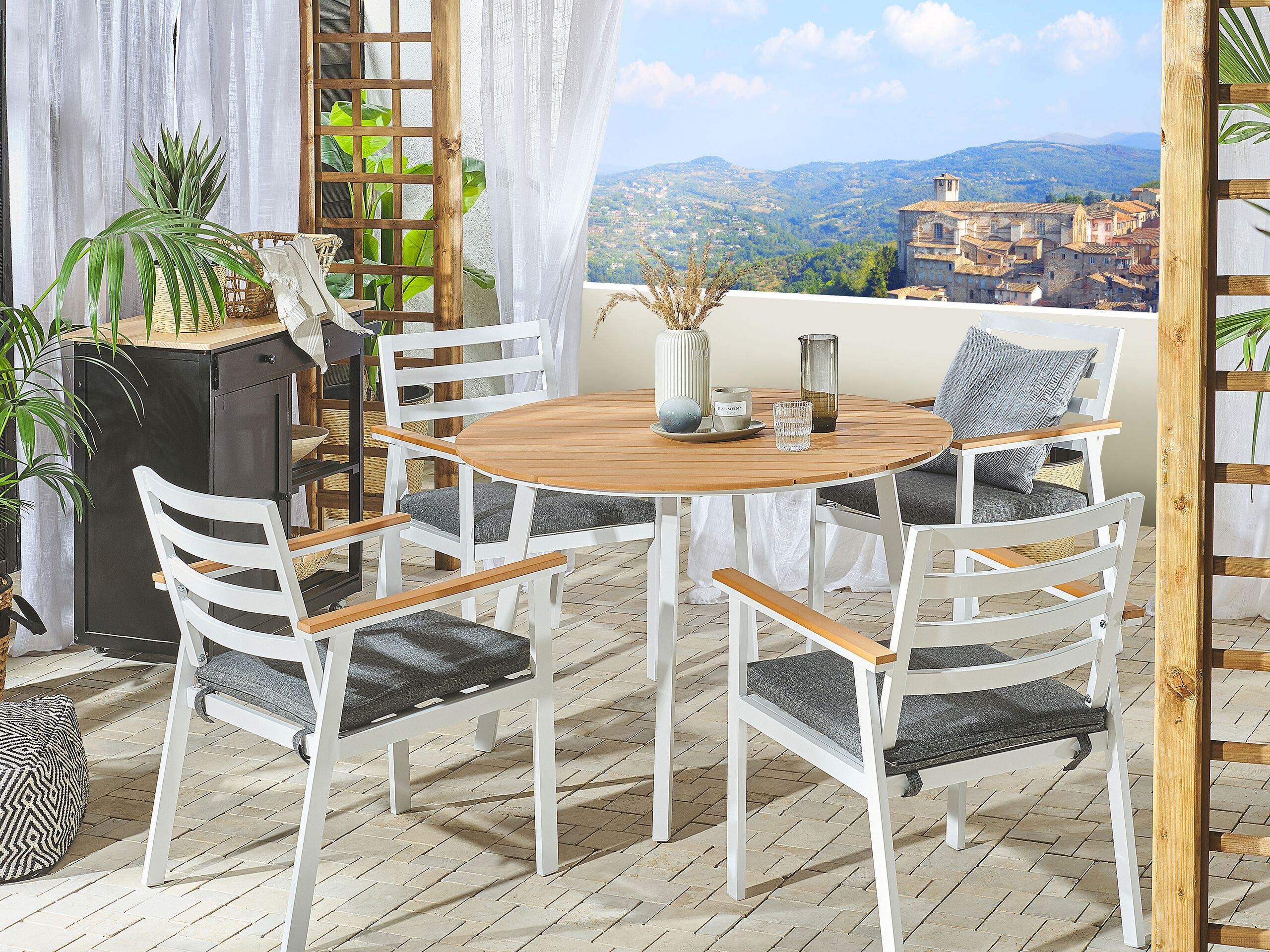Beliani Praktischer Gartentisch Aluminium Dia. 105 cm Heller Holzfarbton/ weiß Cavoli Garten