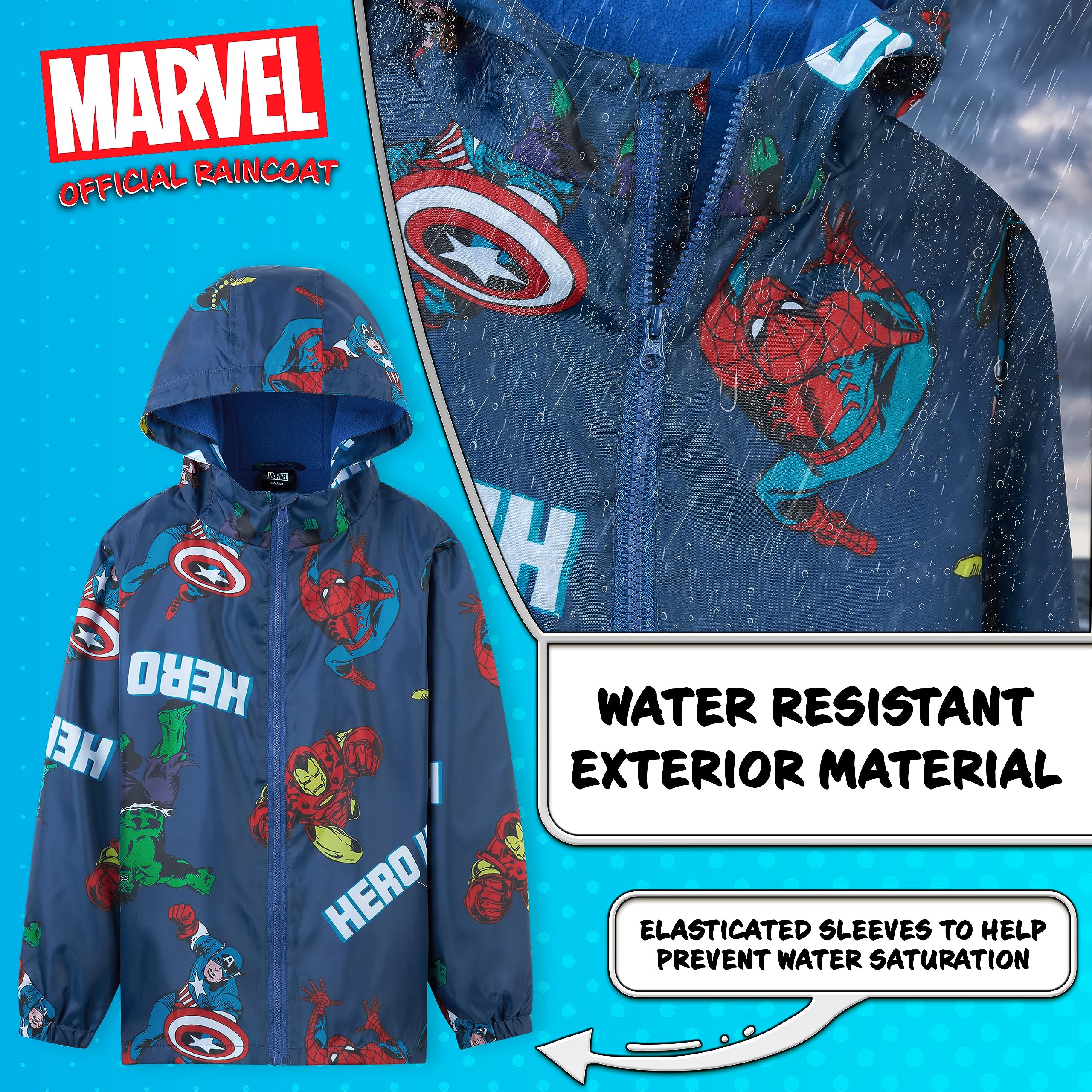 Marvel Impermeable Enfant Garcon, Veste de Pluie Enfant Doublure en Polaire, Vêtement de Pluie Enfant Ado 4-14 Ans Spiderman Avengers