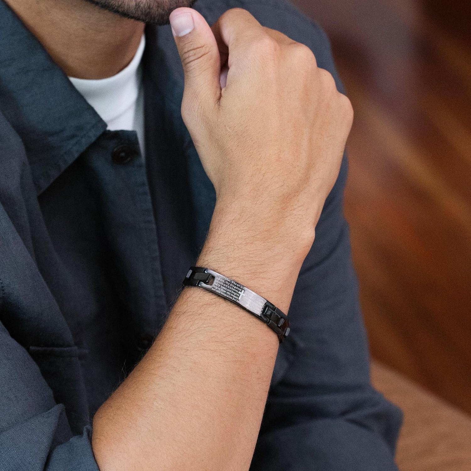 Engravable Lord's Prayer Bracelet for Him - Black Stainless Steel ID Bracelet - Men's Personalized Bracelets - Religious Gift for Him - Birthday Gift - Graduation Gift - Father's Day Gift - Gifts for