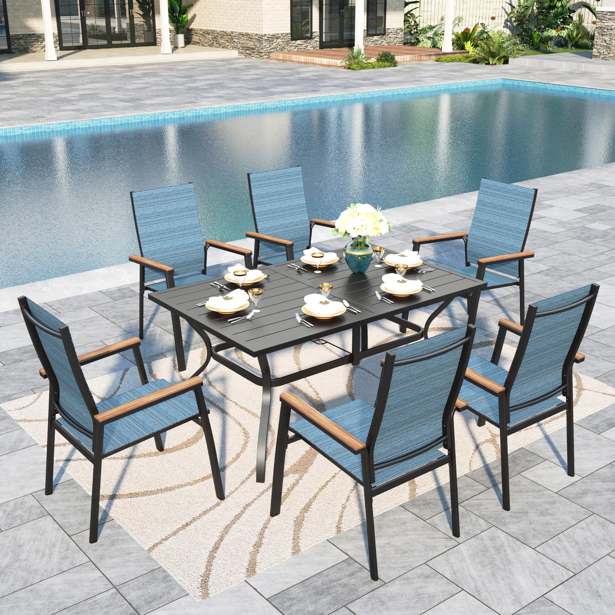 Sophia &amp; William Patio Dining Set for 6, Metal Table &amp; Blue Aluminum Chairs