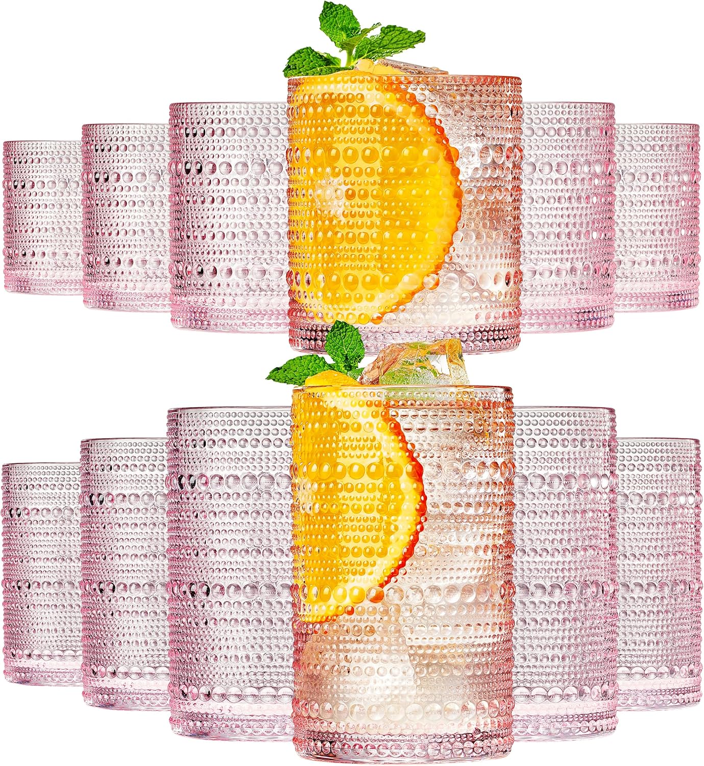 Khen Hobnail Beaded Highball Drinking Tumbler Glasses | Set of 12 | Pink Blush Color, Vintage Bubble Design Whiskey Glassware, Old-Fashioned, Embossed Design for Water, Wine, Cocktail, Rocks Glass