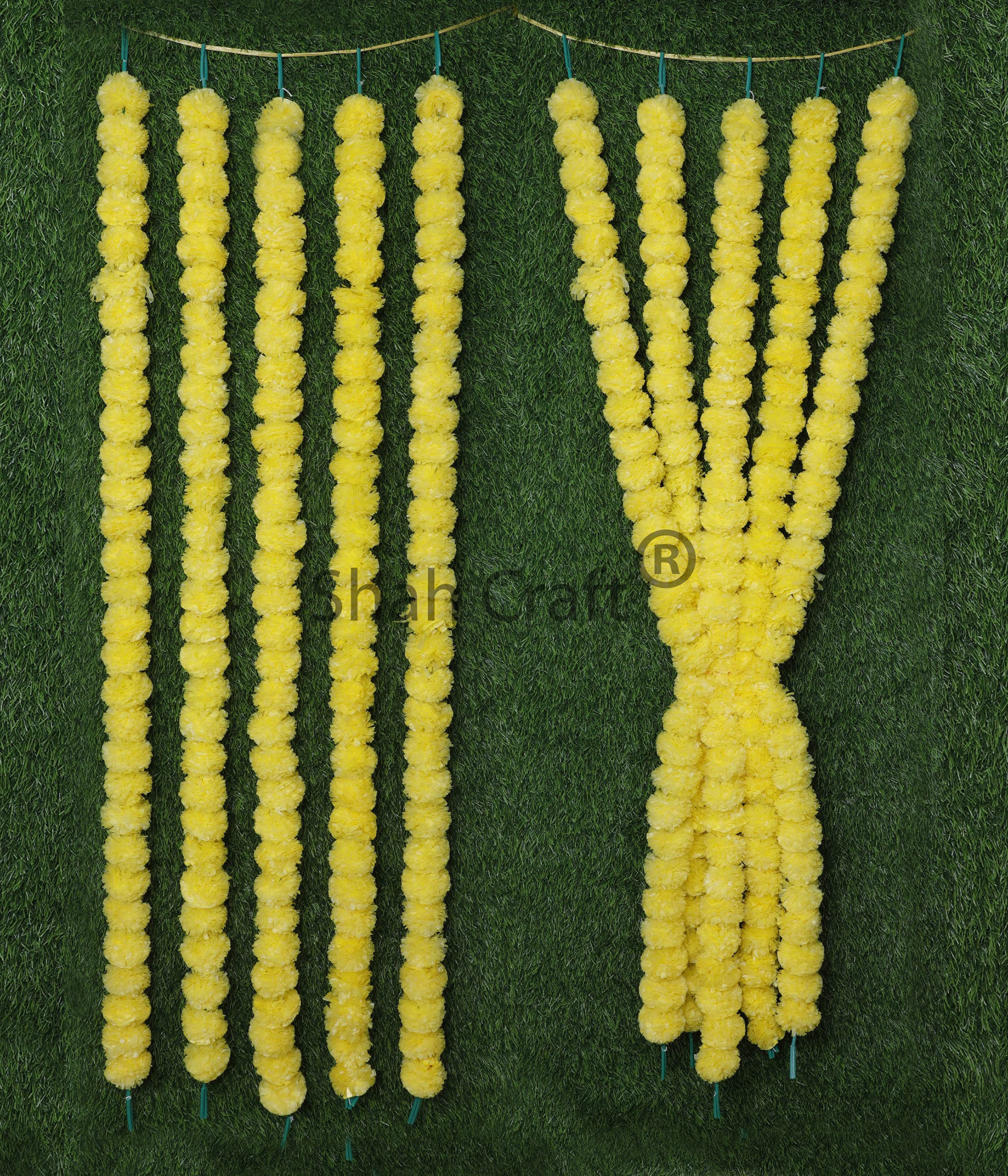 Shah Crafts Artificial Marigold Garland Flower Yellow Phool Mala Toran Pack Of 10 For Home Temple Decoration Diwali Pooja Indian Wedding, Outdoor Indoor Floral Themed Party Decor