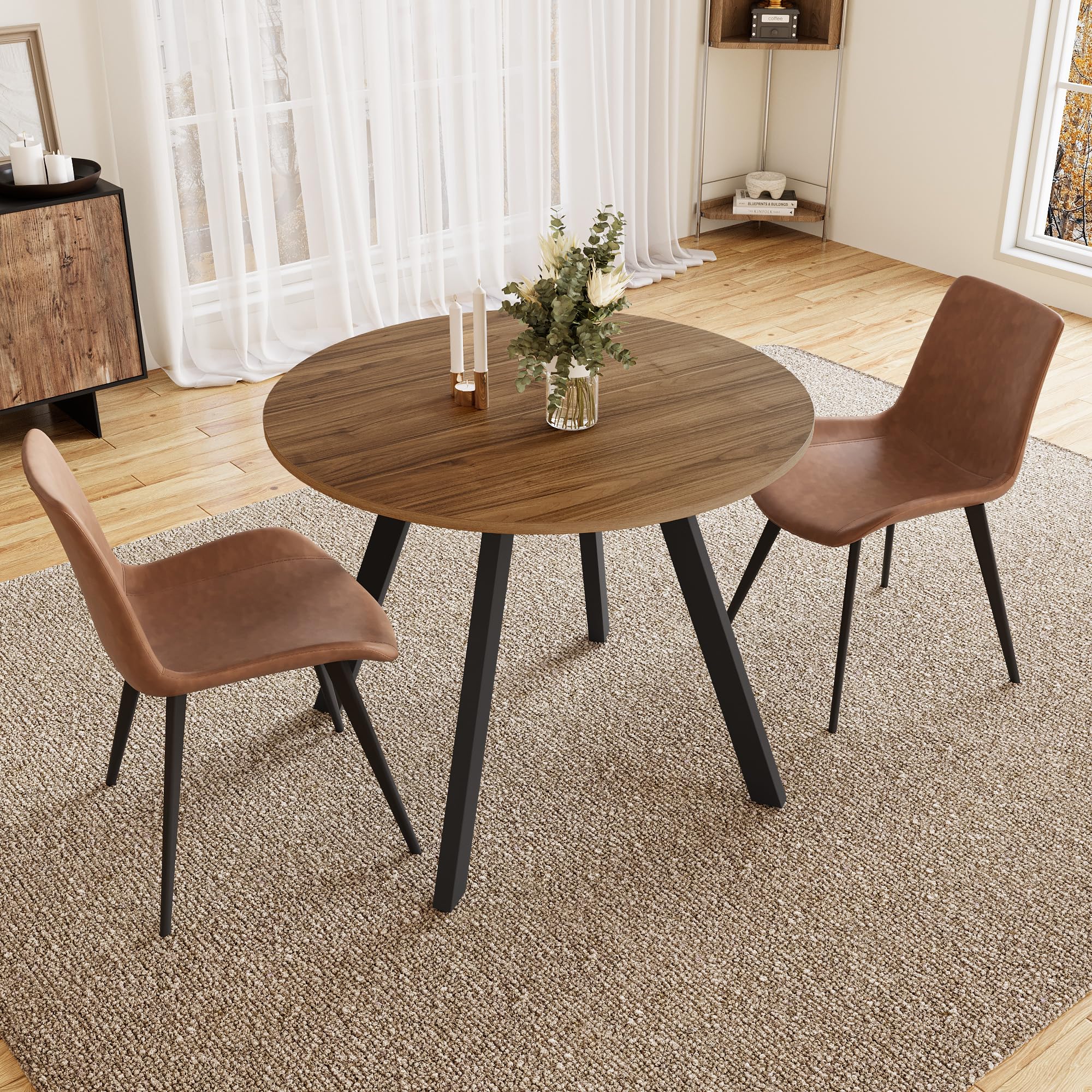 Zerifevni 34.6'' Dining Table and Chairs for 2, Mid Century Modern Round Table Set, Space Saving for Apartment Kitchen Dining Room (Walnut Table+2