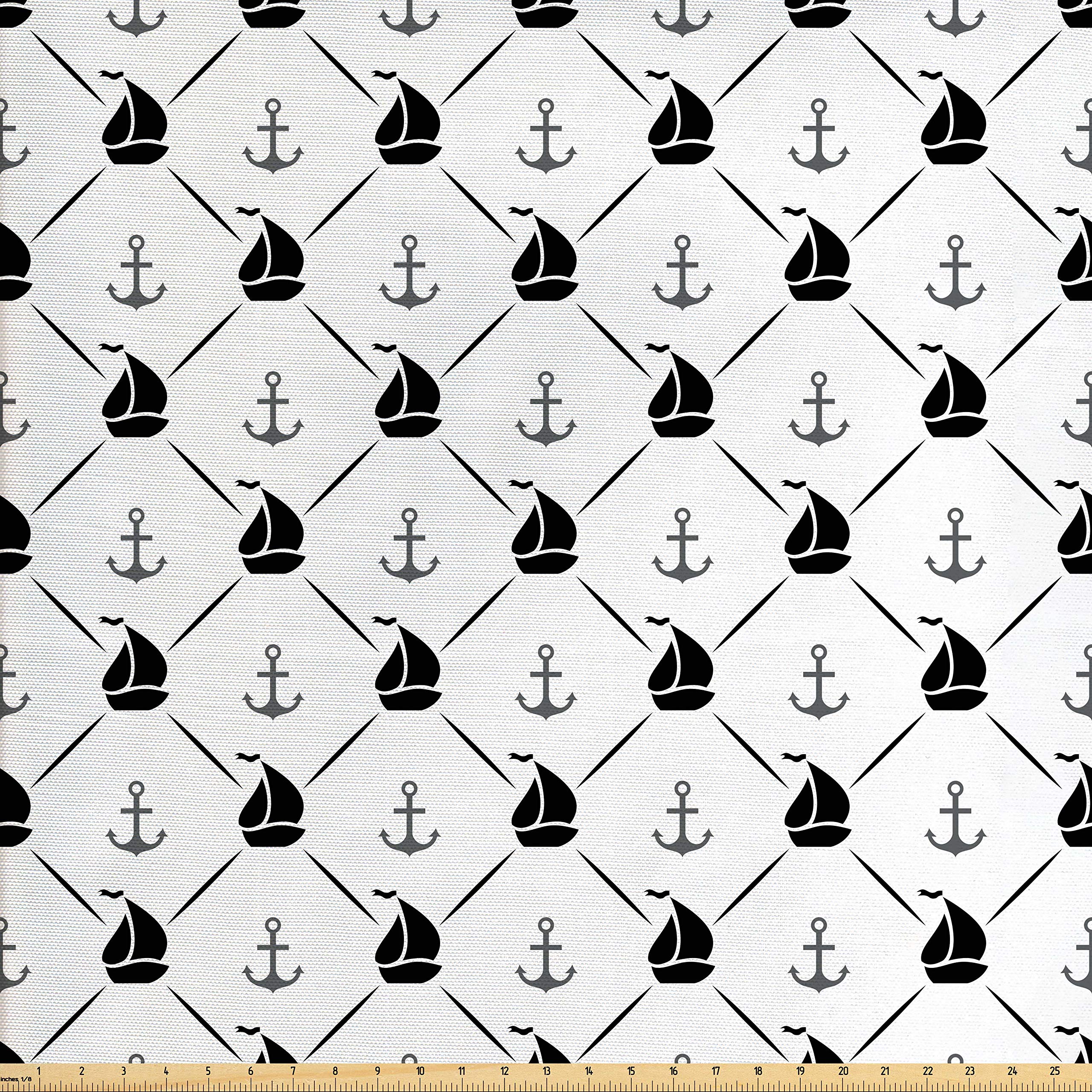 Lunarable Sail Boat Fabric by The Yard, Monochrome Ship with Anchors Diagonal Arrangement Vintage Nautical Elements, Decorative Fabric for Upholstery and Home Accents, 1 Yard, White and Black