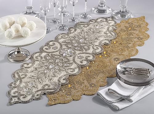 Miniatura 2 de SARO Lifestyle Camino de mesa con diseño de volutas con cuentas, 12 x 38 pulgadas, dorado