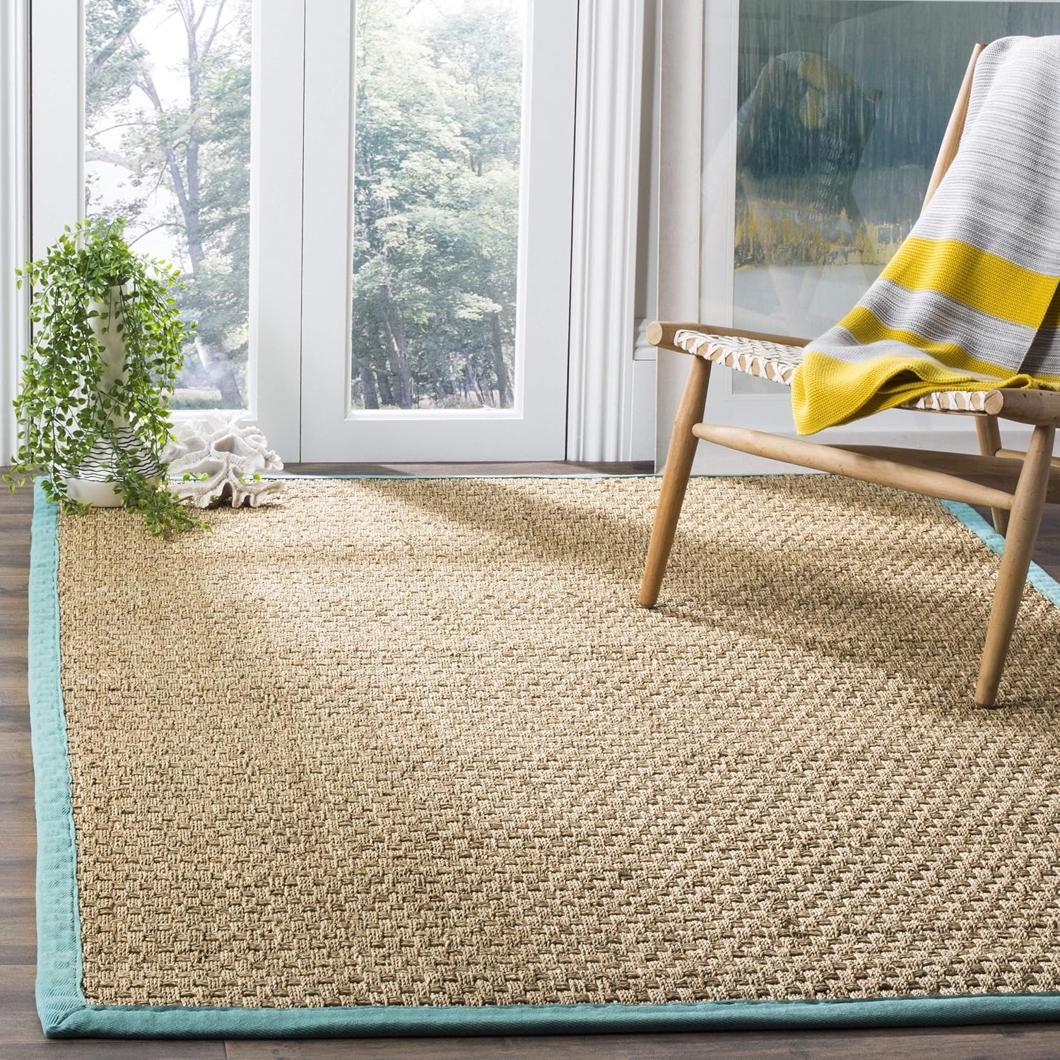 SAFAVIEH Area Rug 6' Square - Natural Fiber Collection - Natural & Teal, Seagrass, Basketweave Pattern with Border (NF114R)