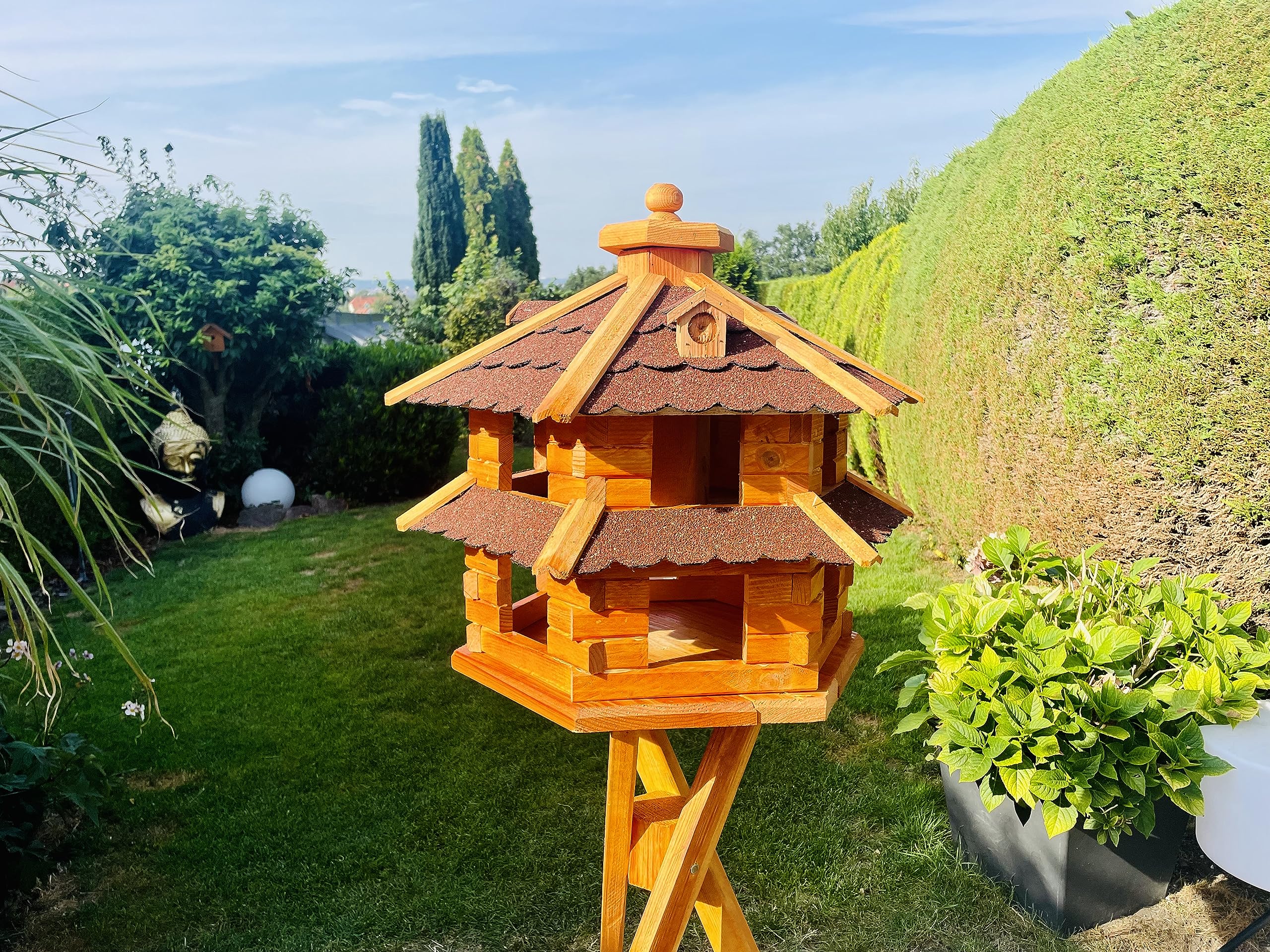 Vogelvilla XL karmnik sześciokąt, podwójny kij drewniany domek dla ptaków + stojak brązowy/czerwony
