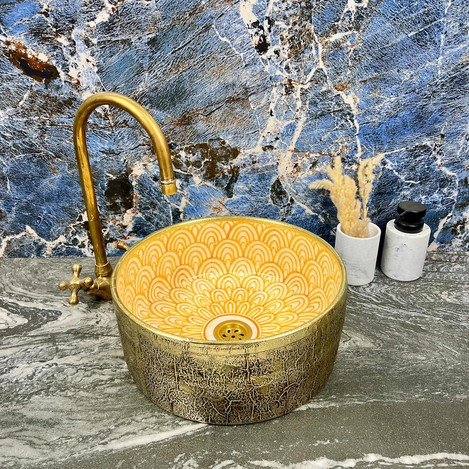 Golden Yellow Ceramic Bathroom Sink with Textured Brass Exterior - Hand-Painted Round Countertop Farmhouse Sink Wrapped With Brass (Purple, 8in = 20cm)
