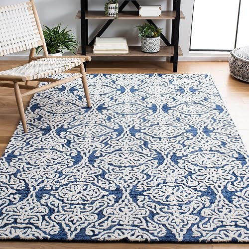 SAFAVIEH Blossom Collection Area Rug - 9' x 12', Navy & Ivory, Handmade Wool, Ideal for High Traffic Areas in Living Roo