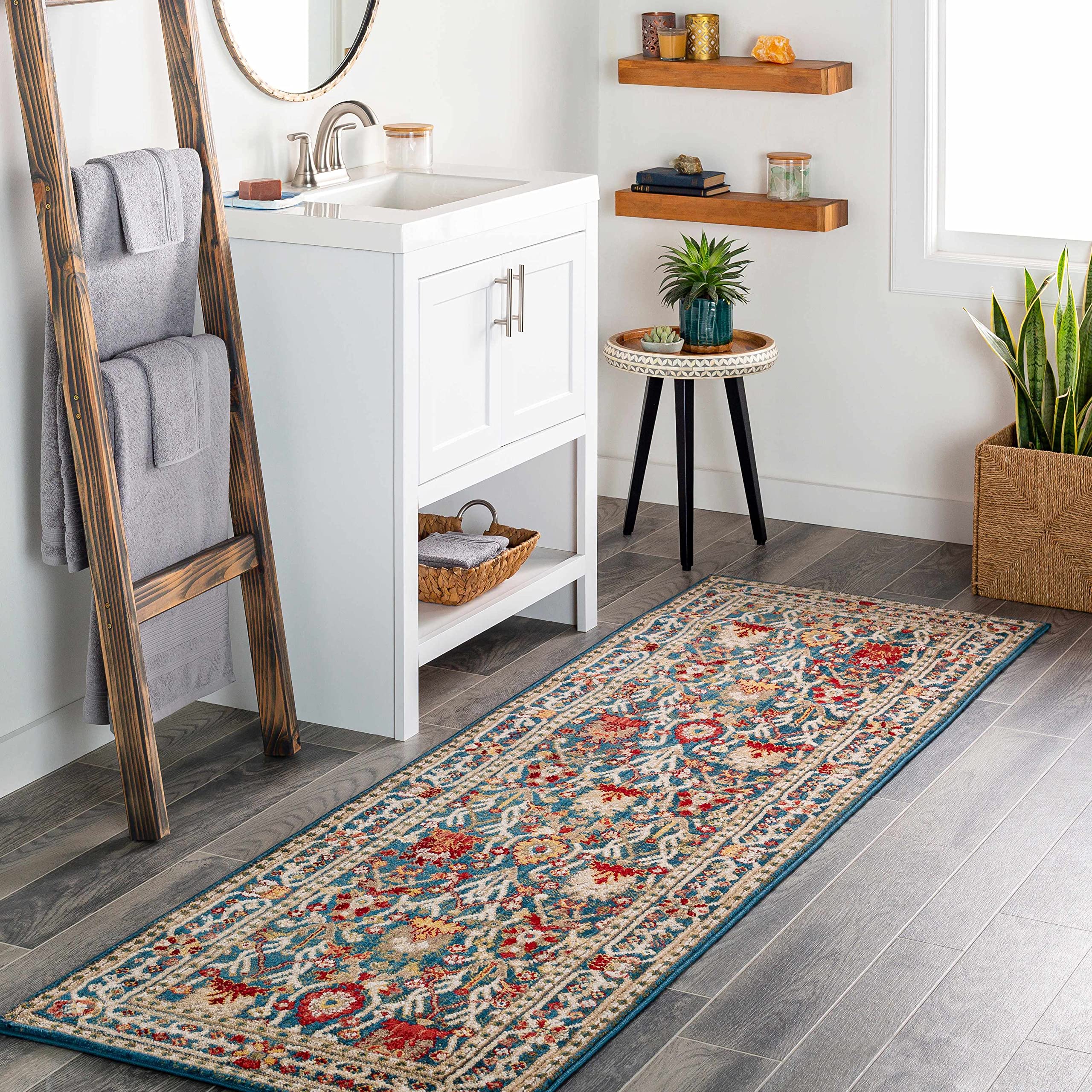 Hauteloom Brandford Boho Floral Laundry Room, Hallway, Entryway, Bedroom, Kitchen Floor Runner Rug - Floral - Bohemian Vintage Look - Oriental - Blue, Yellow, Red - 2'6