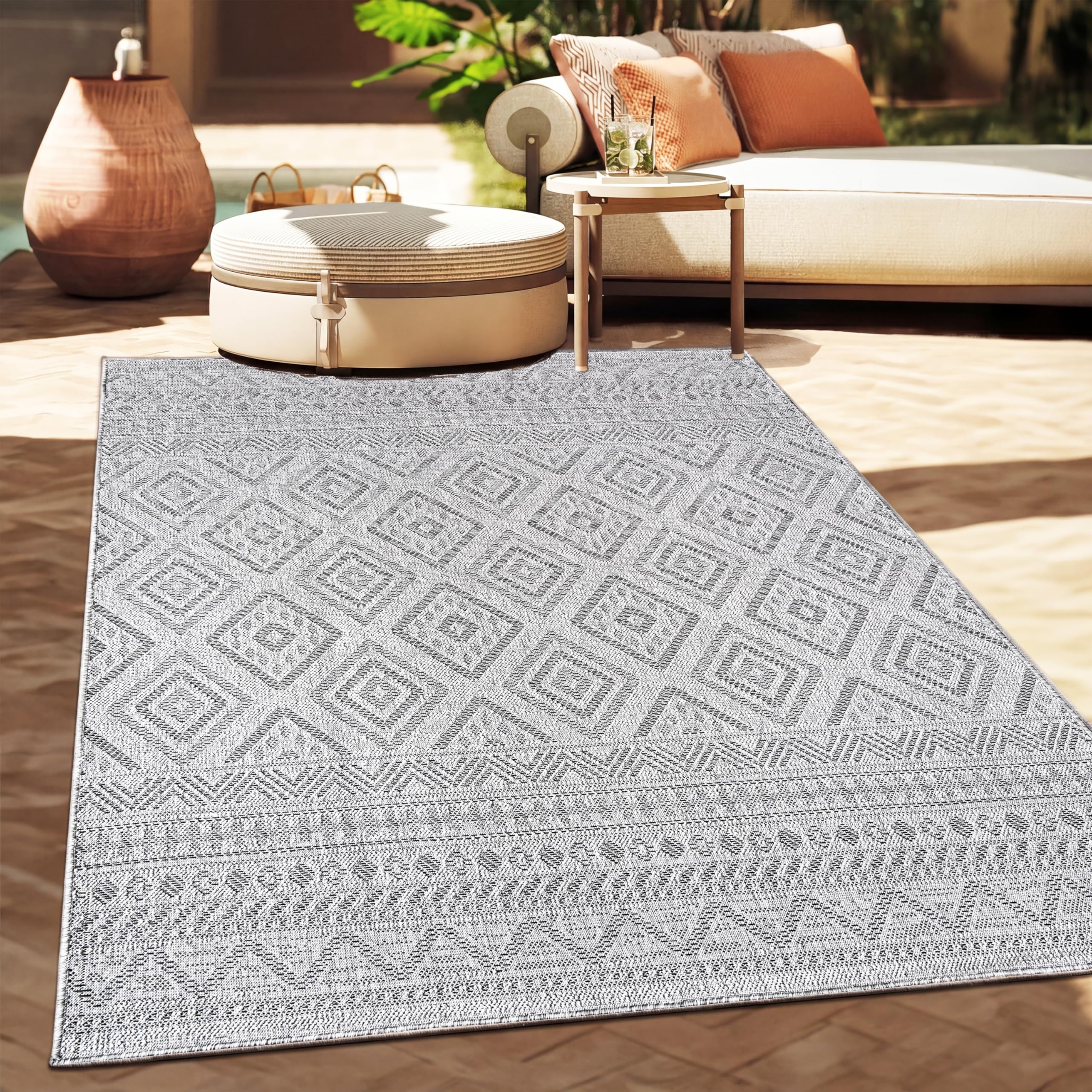 Paco Home Outdoor Teppich Flachgewebe – Boho-Style 80x150 cm, Anthrazit