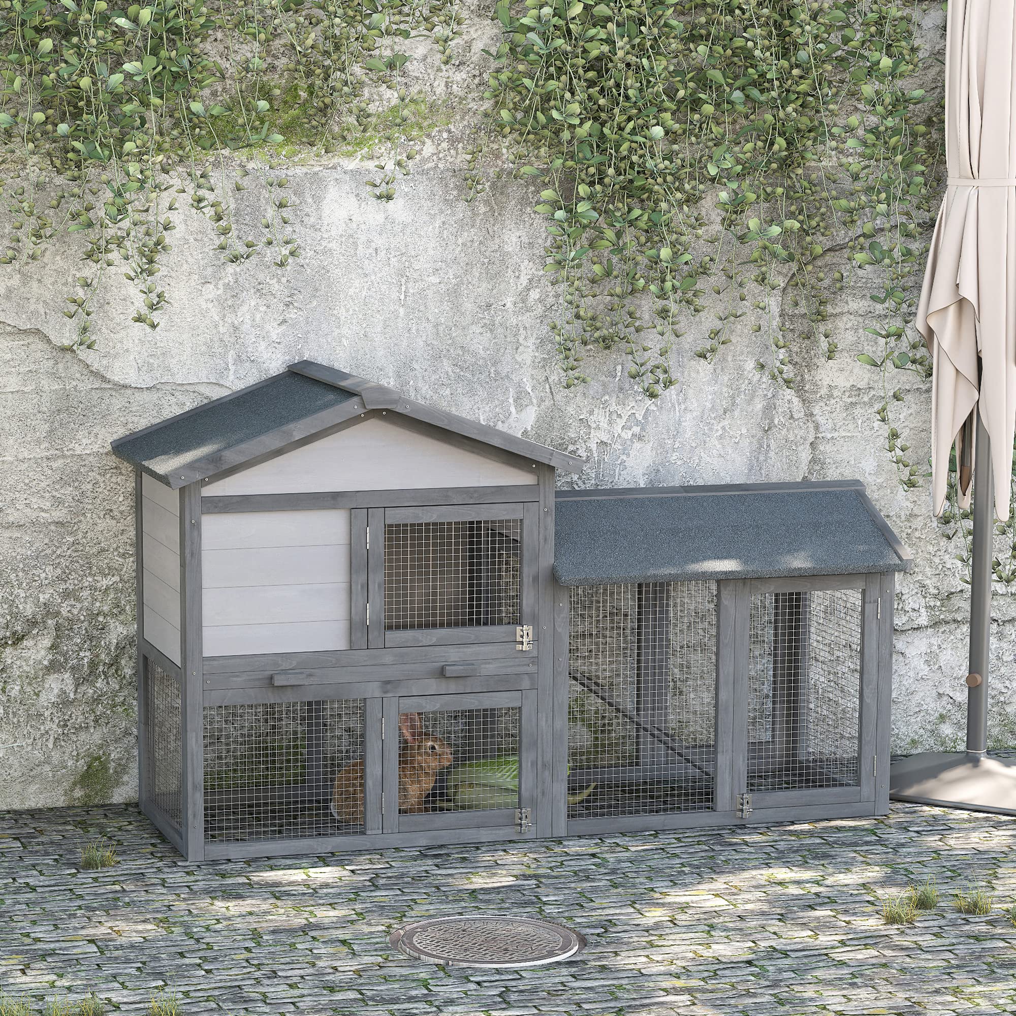 PawHut Clapier Cage à Lapins rongeurs 2 Niveaux clapier Lapin Nain avec 3 Portes verrouillables tiroir à déjection Toit intégral bitumé 147L x 54l x 84H cm Bois Massif pin Gris