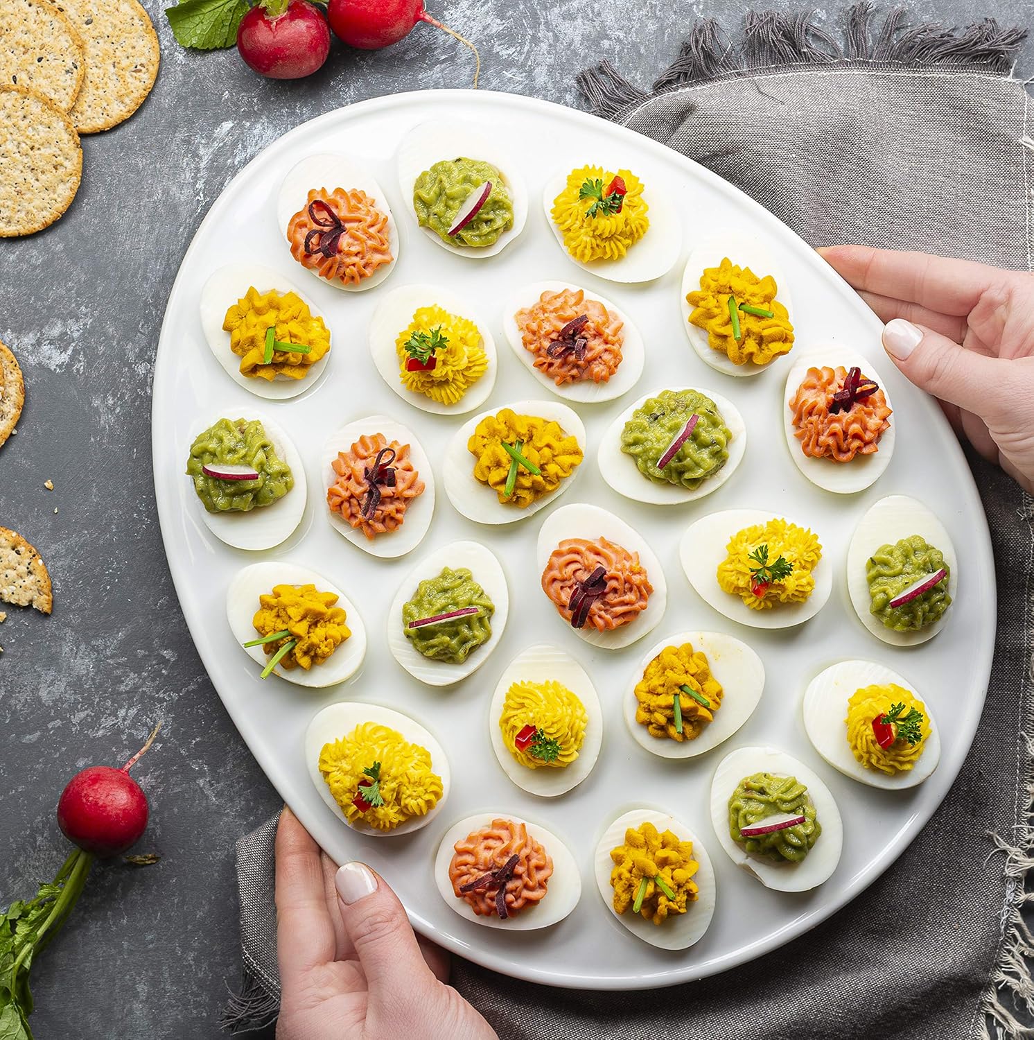 🛒 Crаzу Dеаlѕ Kook Deviled Egg Platter Tray, Holds 24 Eggs, Sleek Ceramic Dish, Display Holder, Dishwasher Safe, Microwave Safe, freezer Safe, 13 Inch Diameter, White