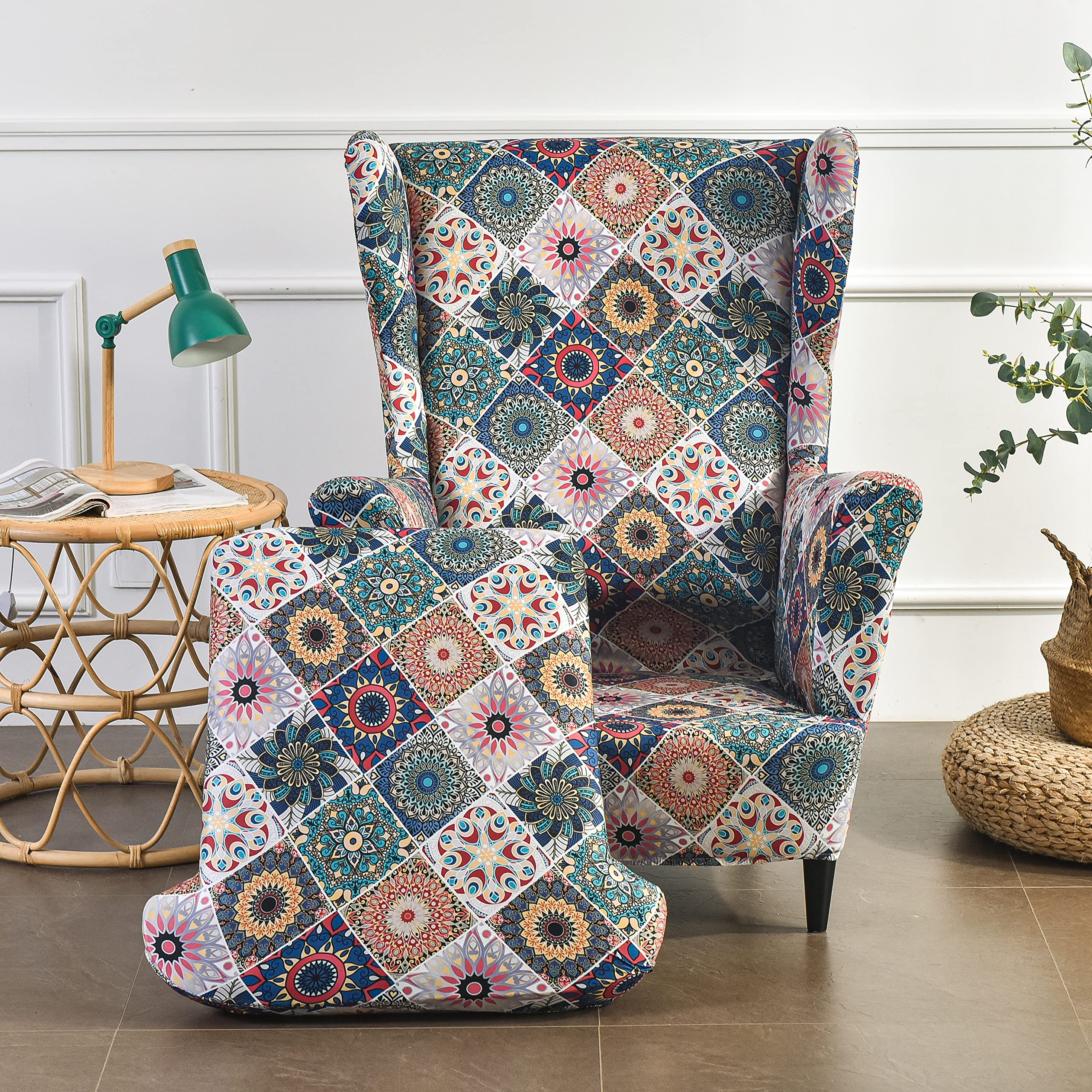 Mingfuxin Wingback Chair Covers, 2 IN 1 Separated Stretch Wing Chair Covers for Armchairs, Printed Washable Armchair Sofa Chairs Slipcover Furniture Protector for Living Room Bedroom