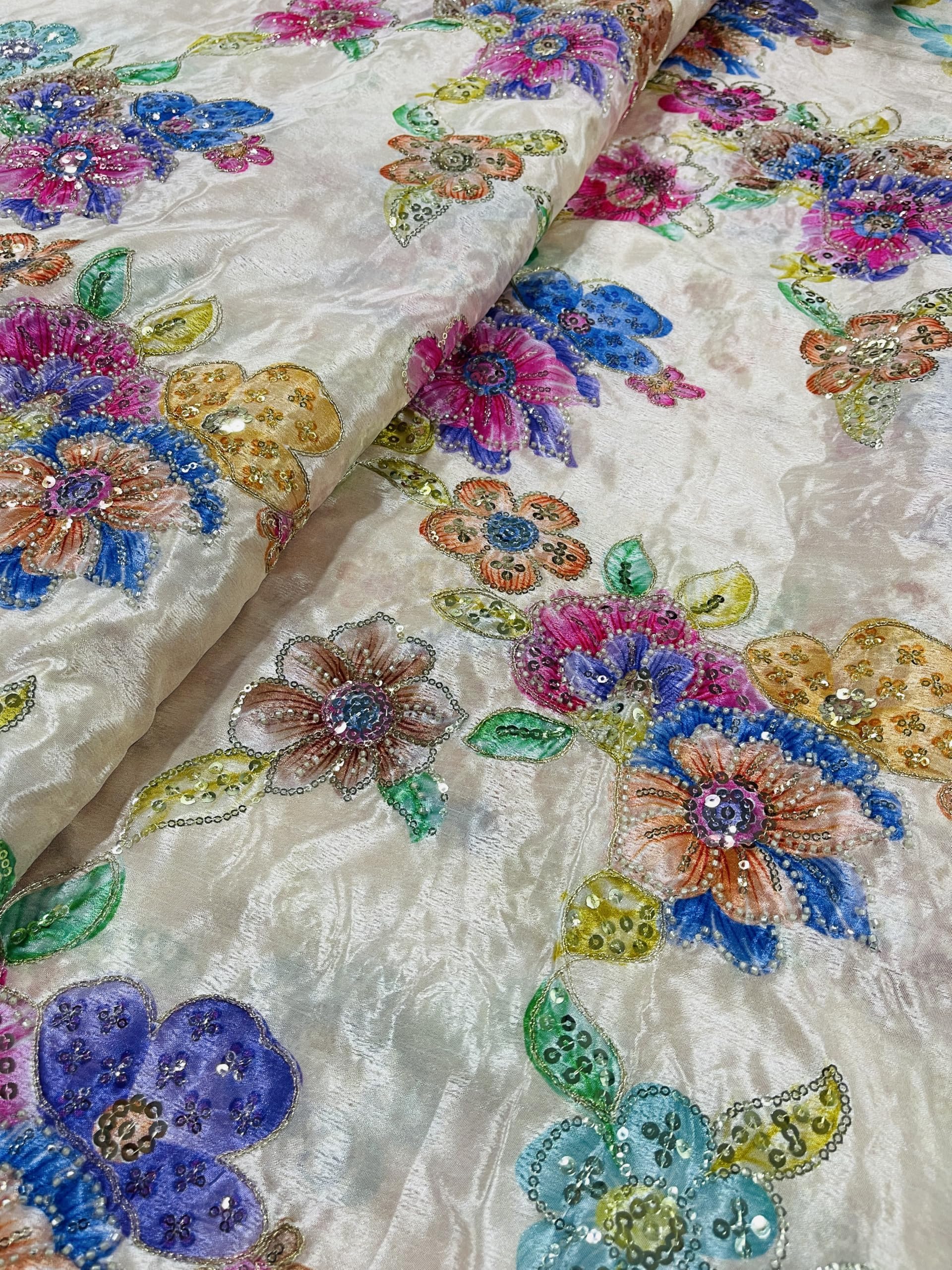 Women's Chinon Floral Position Print Fabric with Beads Work & Sequins Embroidery | 44 Inch Width | Designer Ethnic Dress Material Fabric for Lehenga & Blouse | By Mtr-image-41