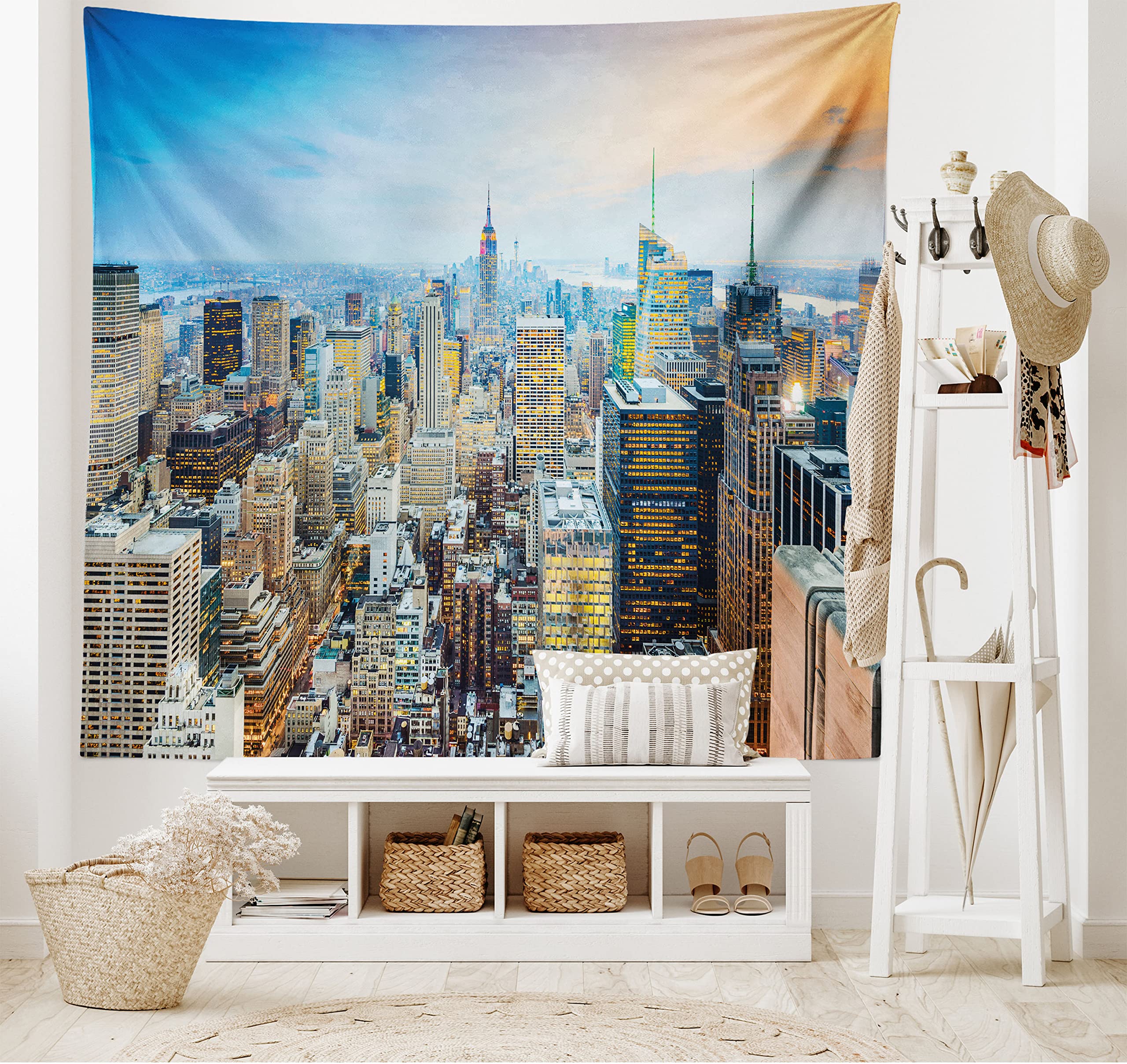Ambesonne American Tapestry, New York City Aerial with Skyscrapers Manhattan Urban Architecture Panorama, Wide Wall Hanging for Bedroom Living Room Dorm, 60