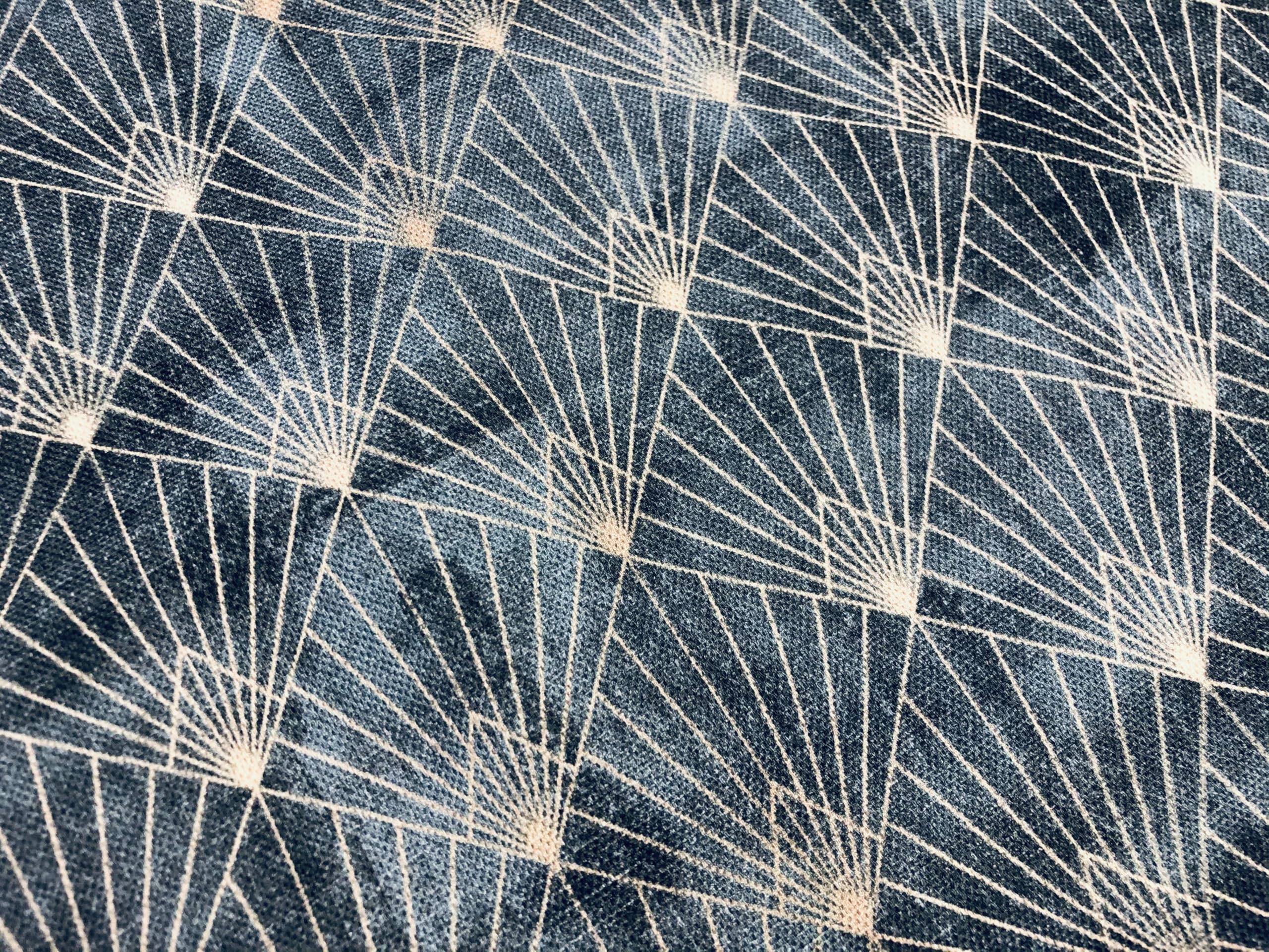 LushFabric Diamond Art Deco Rhombus Damask Geometric Peacock Fan Fabric - Furnishing Curtains Upholstery Material - 140cm Wide (Sold by The Metre) (Navy Blue & Gold)