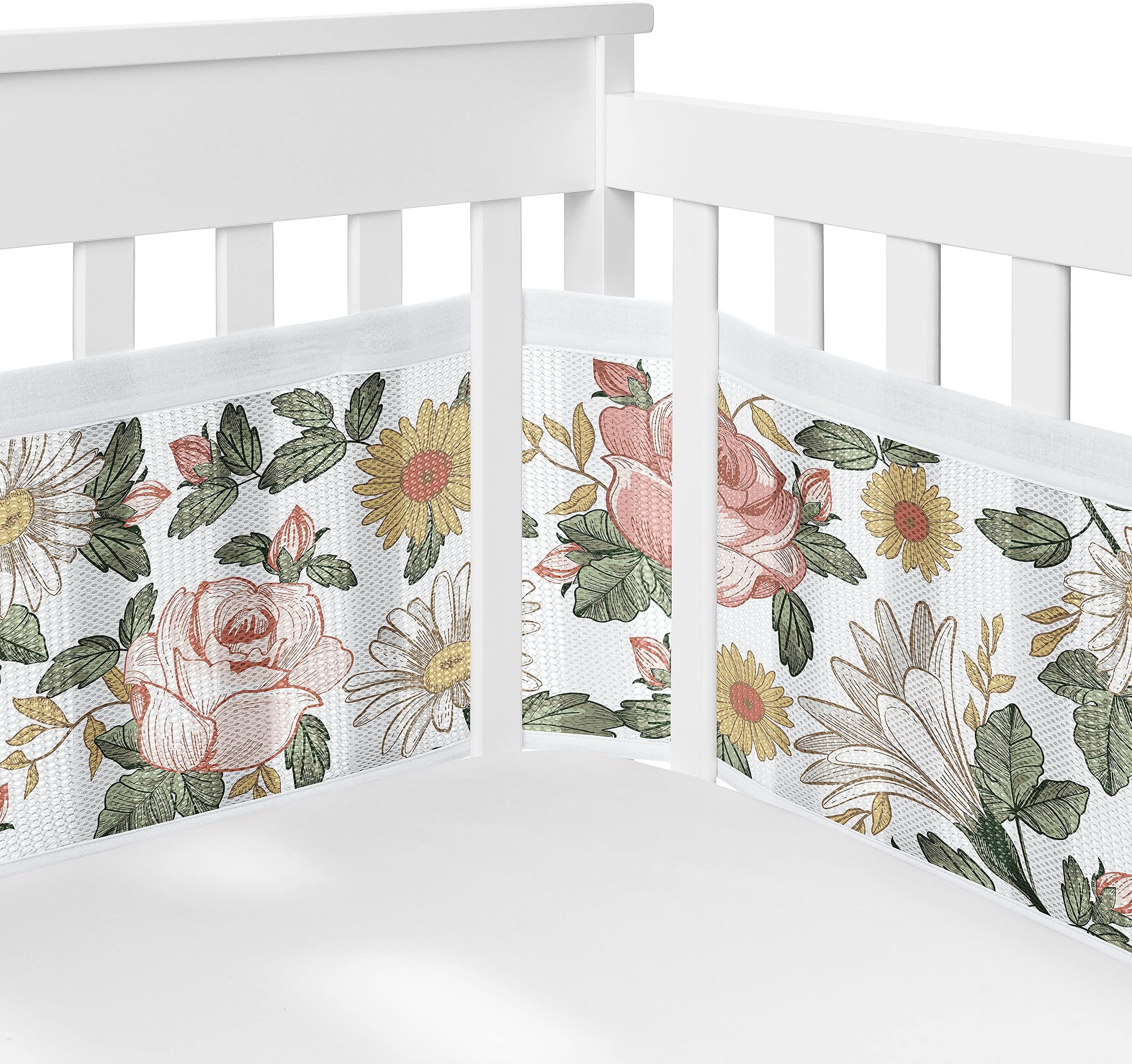 Sweet Jojo Designs + BreathableBaby 2-Piece Breathable Mesh Crib Liner Set (Pink/Yellow Vintage Floral Boho) for Girls, Baby, Infants/Newborn Nursery (Bohemian Shabby Chic, Farmhouse, Wildflower Rose)