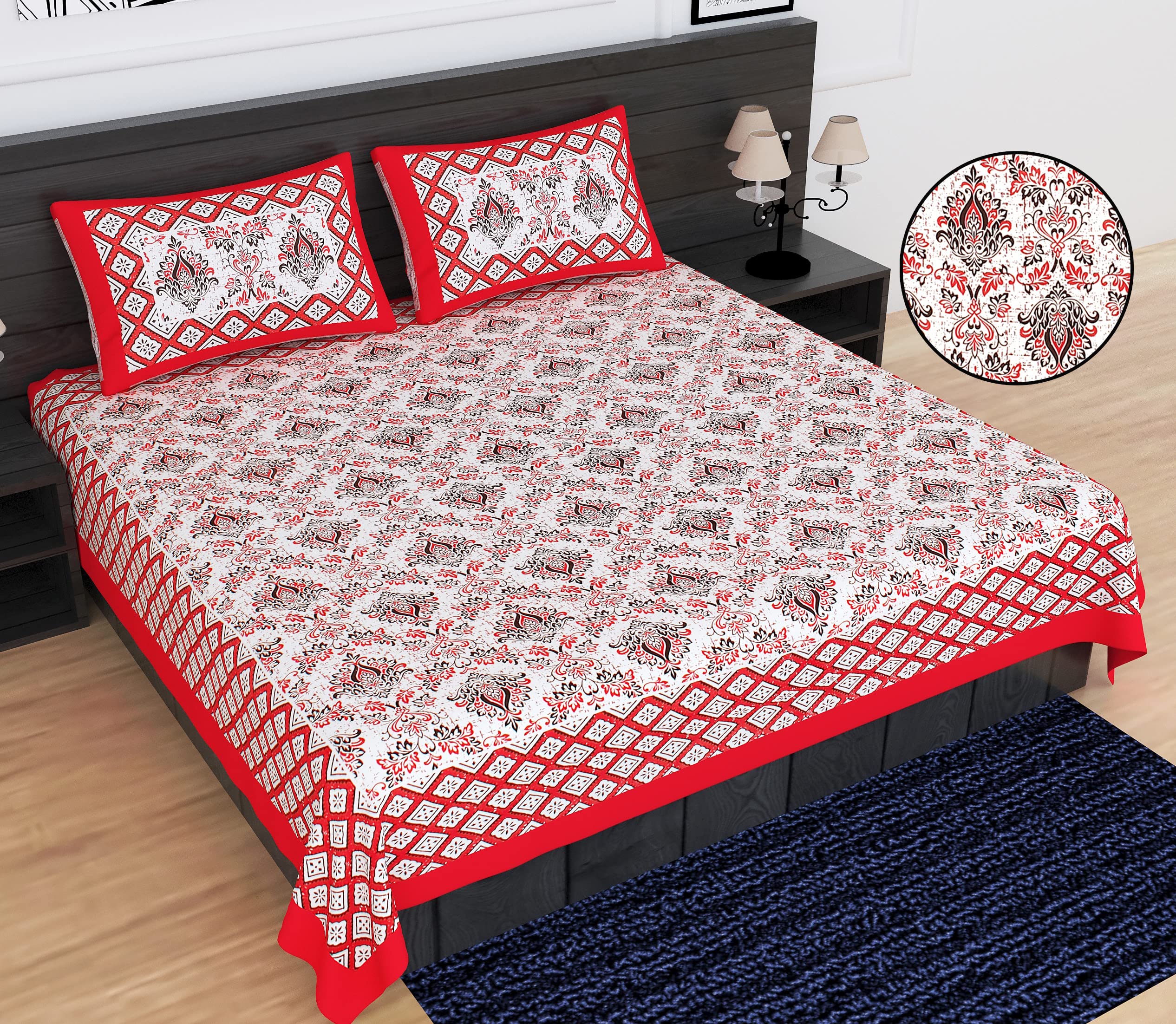 PAVLON Traditional Rajasthani Jaipuri Ethnic Bedsheet | Shankh Pure 100% Cotton Double Bed Queen Size | 144 TC Bedsheet with 2 Pillow Covers | Handmade Ethnic Bedding (Red)