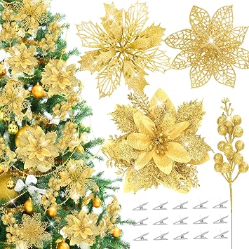 36Pcs Glitter Poinsettia Flowers Berries Stems Ornaments Kit, 24Pcs Artificial Flowers with Clips and 12Pcs Berry Picks Floral Decorations for Christmas Tree Wreath Fireplace Xmas Party Decor Gold
