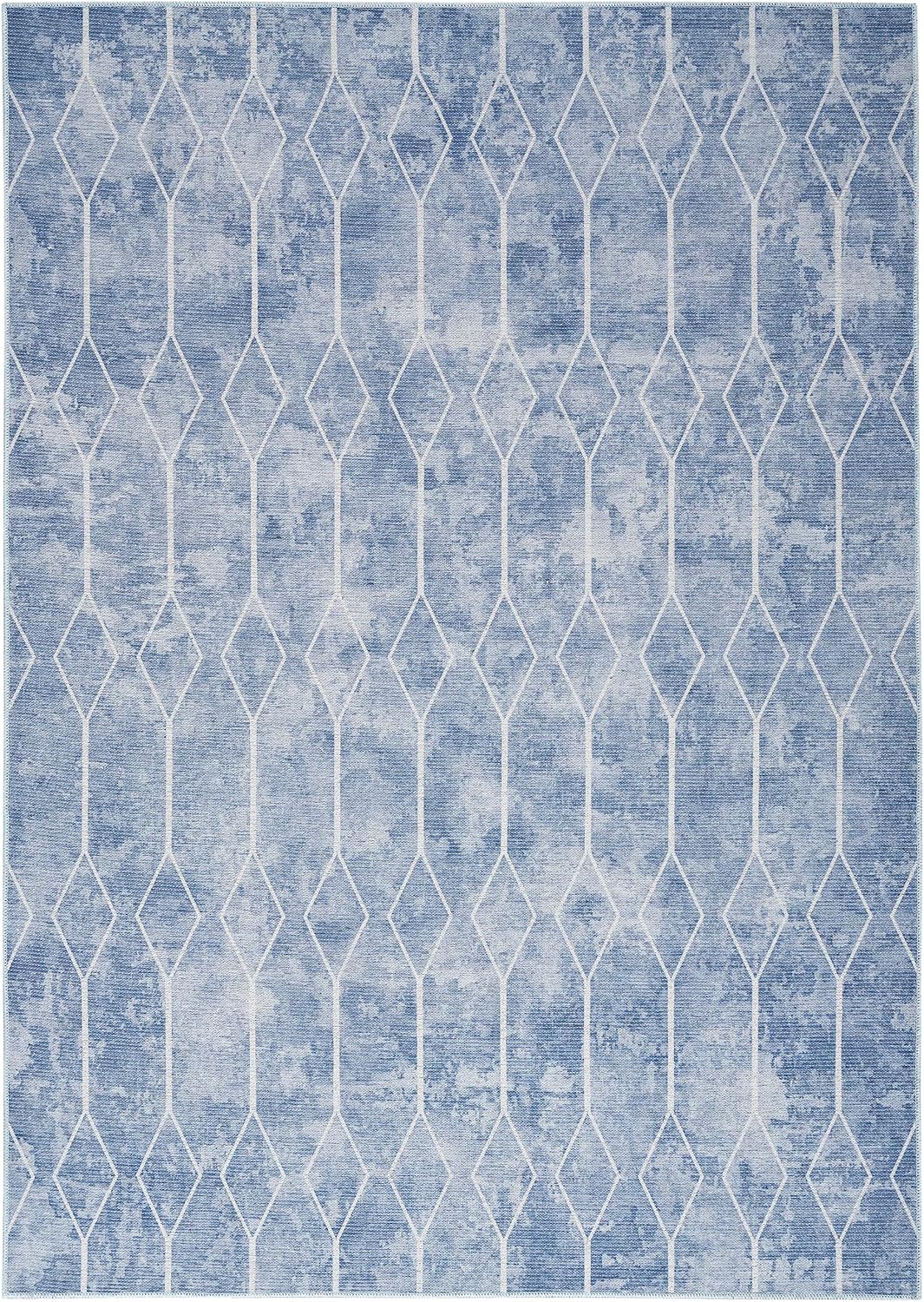 Blue Geometric Cotton Chenille 6' x 9' Washable Rug