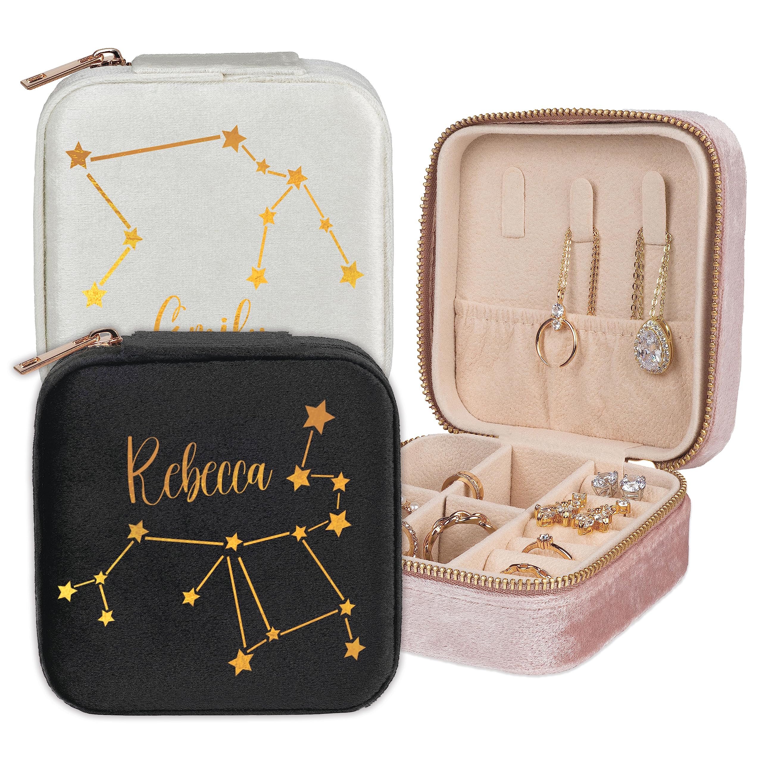 Personalized Constellation Travel Jewelry Organizer Box, Custom Bridesmaid Case, Valentines Day, Wedding, Birhday, Christmas Gift to Mom, Holder Graduation Girls Bachelor Party (Noir)