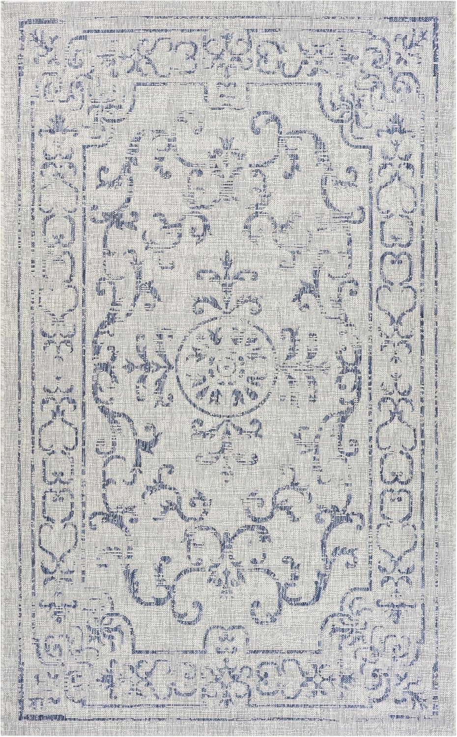 LR Home 2x3 Indoor/Outdoor Area Rug for Home Decor | Medallion Carpet Suitable for Living Room, Bedroom, Playroom, Patio, Garden | Modern Farmhouse Rug | Navy/Gray